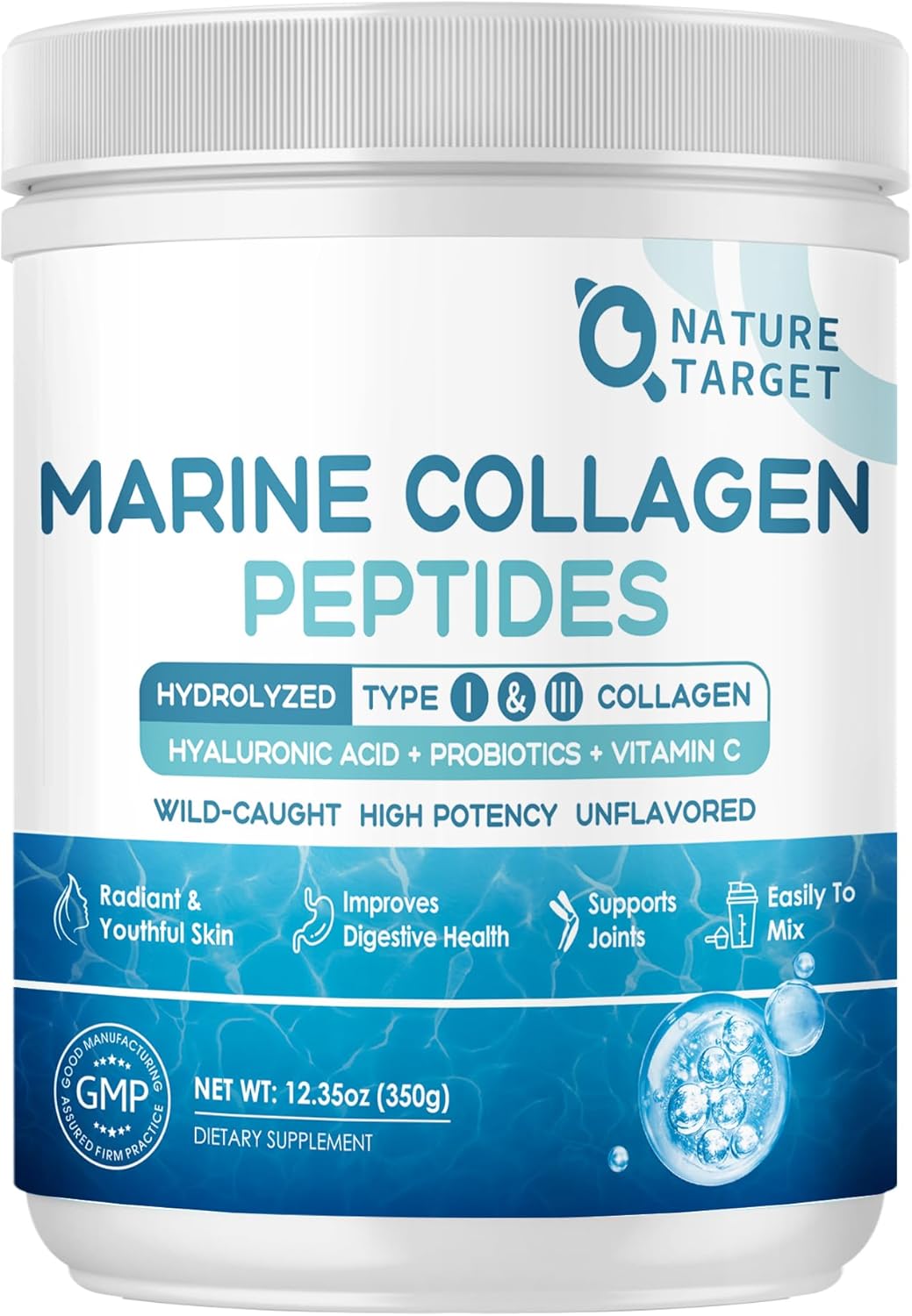 Marine Collagen Peptides Powder with Probiotics, Vitamin C, and Hyaluronic Acid - Type I & III Collagen for Skin, Hair, Nails, and Joints - Wild-Caught Fish and Grass-Fed Bovine - 35 Servings