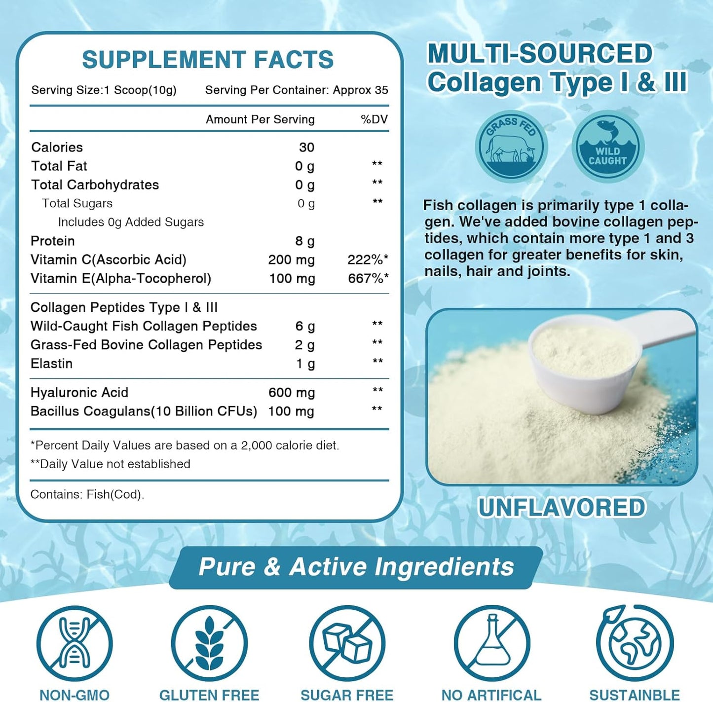 Marine Collagen Peptides Powder with Probiotics, Vitamin C, and Hyaluronic Acid - Type I & III Collagen for Skin, Hair, Nails, and Joints - Wild-Caught Fish and Grass-Fed Bovine - 35 Servings
