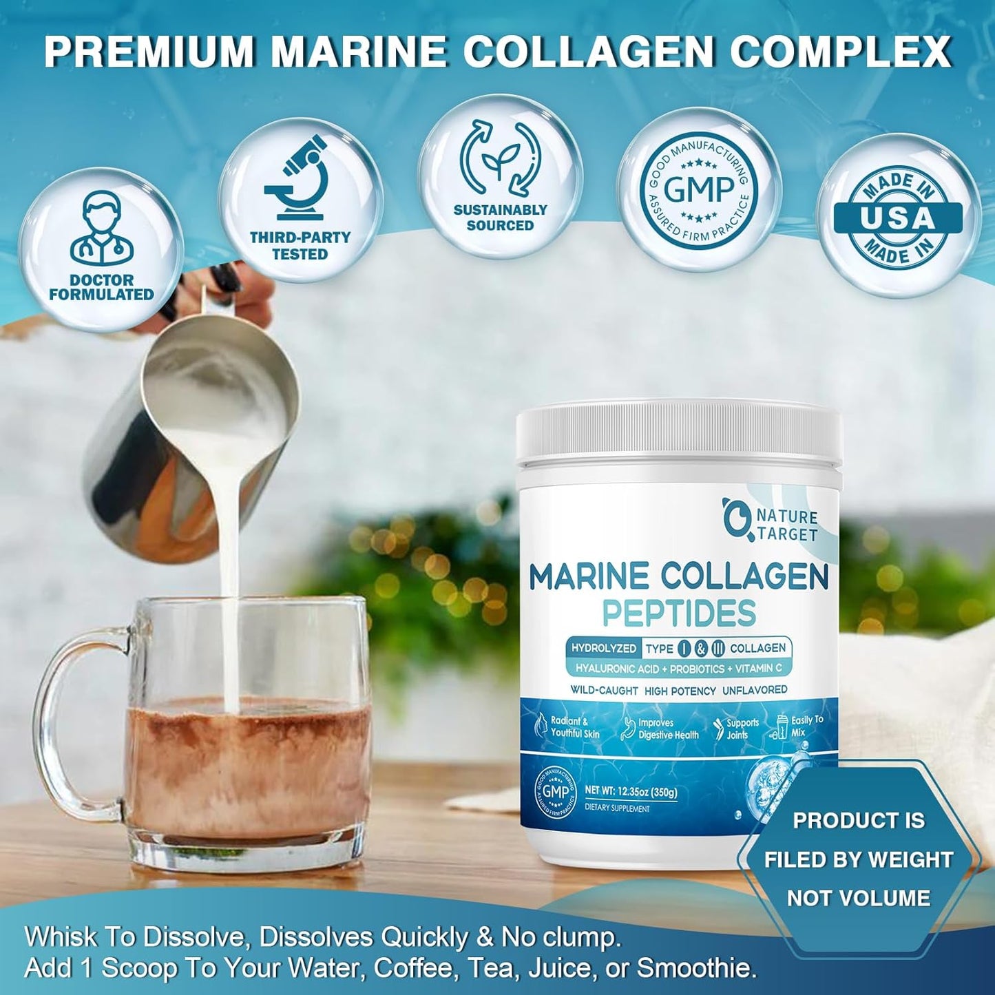 Marine Collagen Peptides Powder with Probiotics, Vitamin C, and Hyaluronic Acid - Type I & III Collagen for Skin, Hair, Nails, and Joints - Wild-Caught Fish and Grass-Fed Bovine - 35 Servings