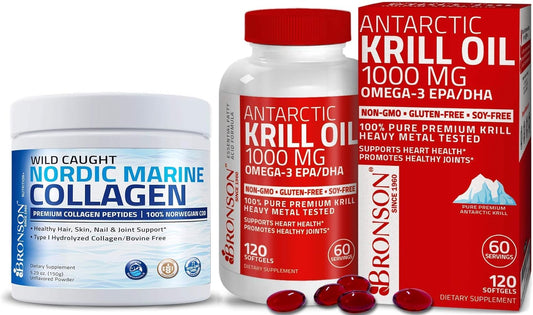 Marine Collagen Peptides Protein Powder + Antarctic Krill Oil 1000mg Omega-3 EPA DHA
