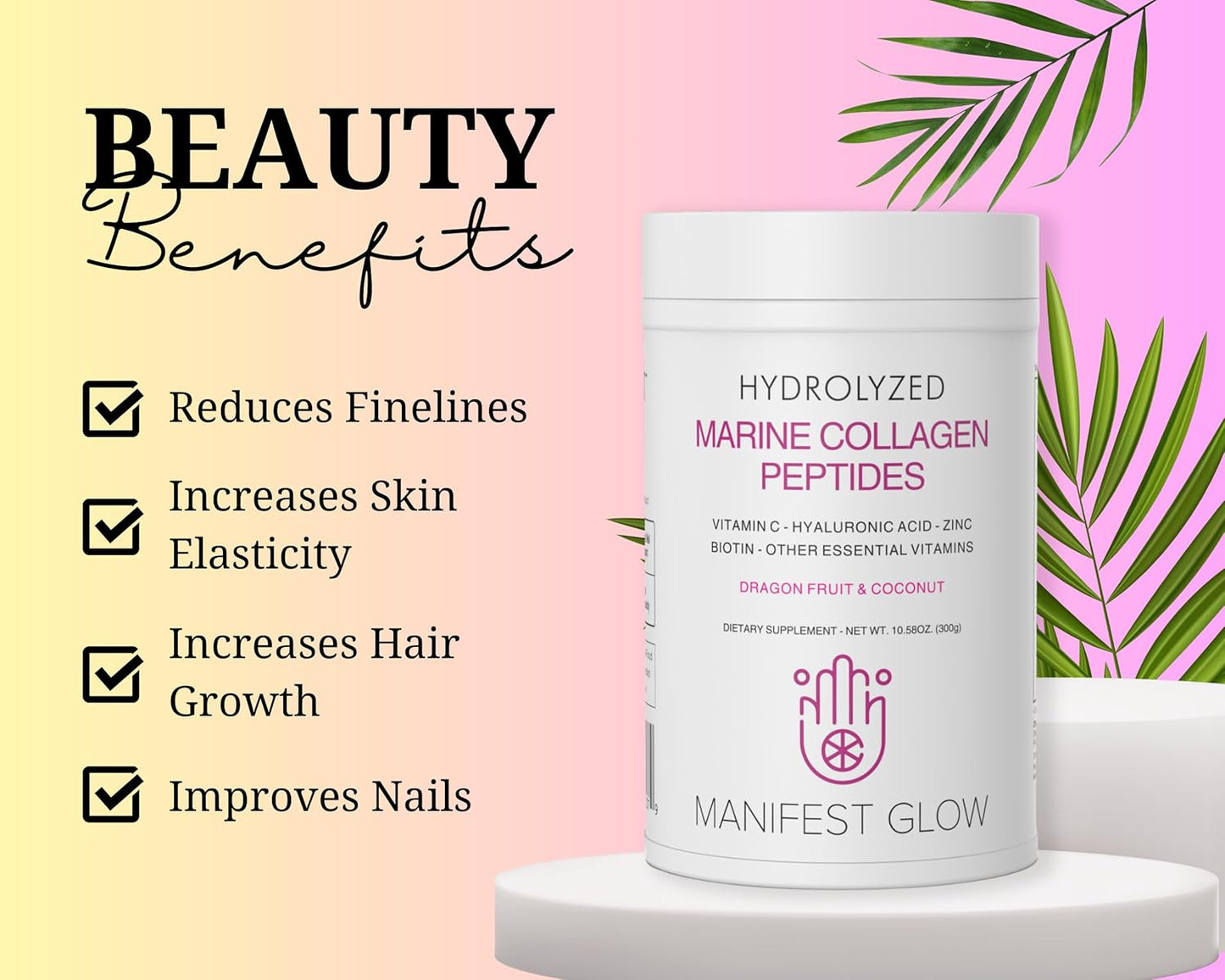 Marine Collagen Peptides with Dragon Fruit, Coconut Water & Pineapple - Vitamin C, Hyaluronic Acid, Biotin - Hair, Skin, Nails & Joint Support