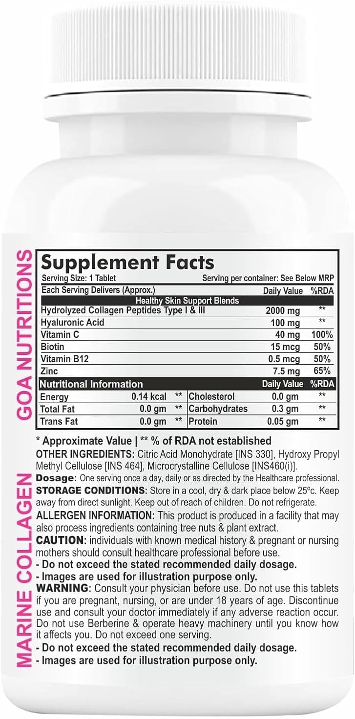 Marine Collagen Powder with Hyaluronic Acid, Biotin, Vitamin C & B12 - Hair, Skin Supplement for Men and Women - Hydrolyzed Protein Peptide Builder - 60 Tablets