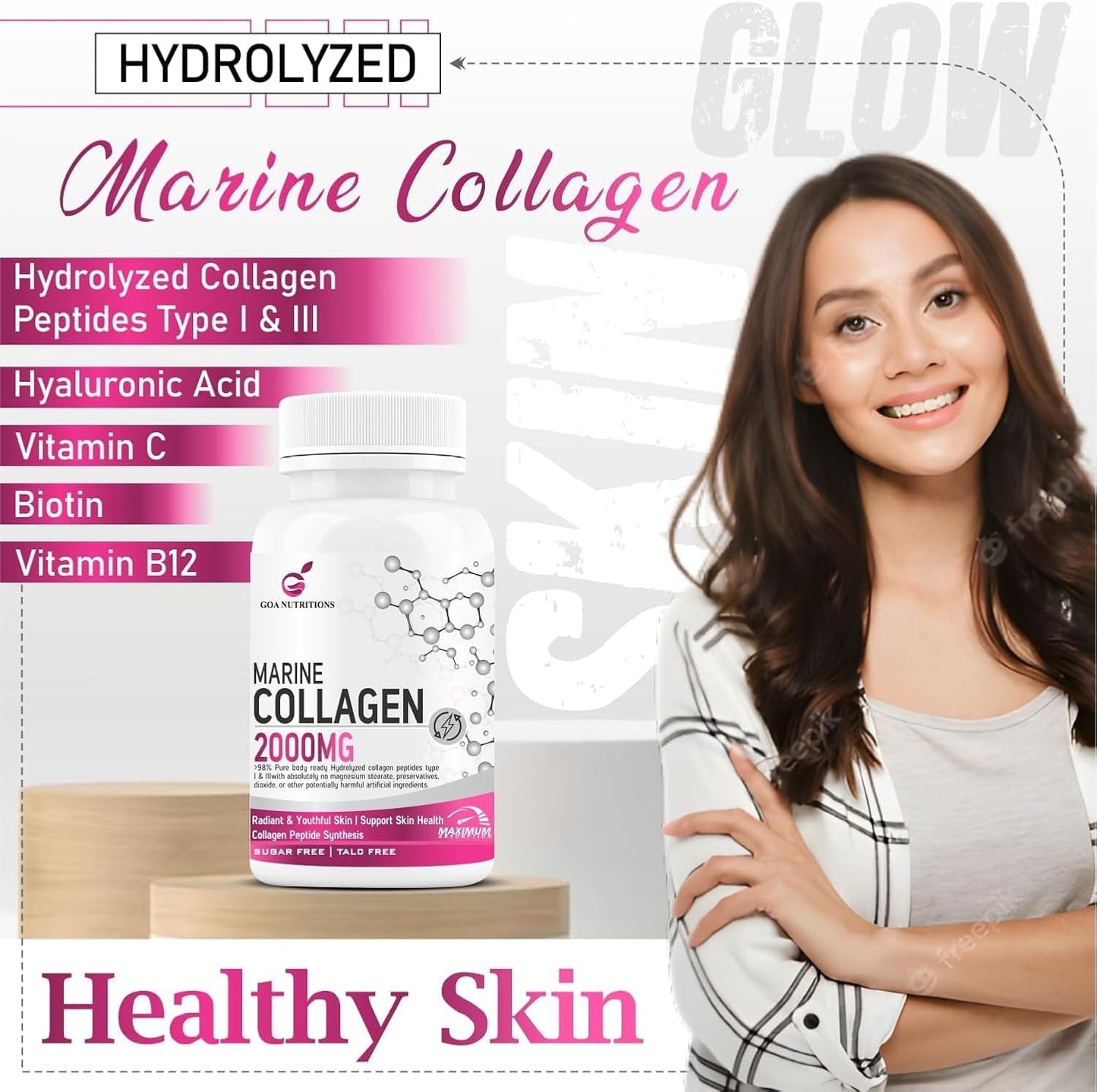 Marine Collagen Powder with Hyaluronic Acid, Biotin, Vitamin C & B12 - Hair, Skin Supplement for Men and Women - Hydrolyzed Protein Peptide Builder - 60 Tablets