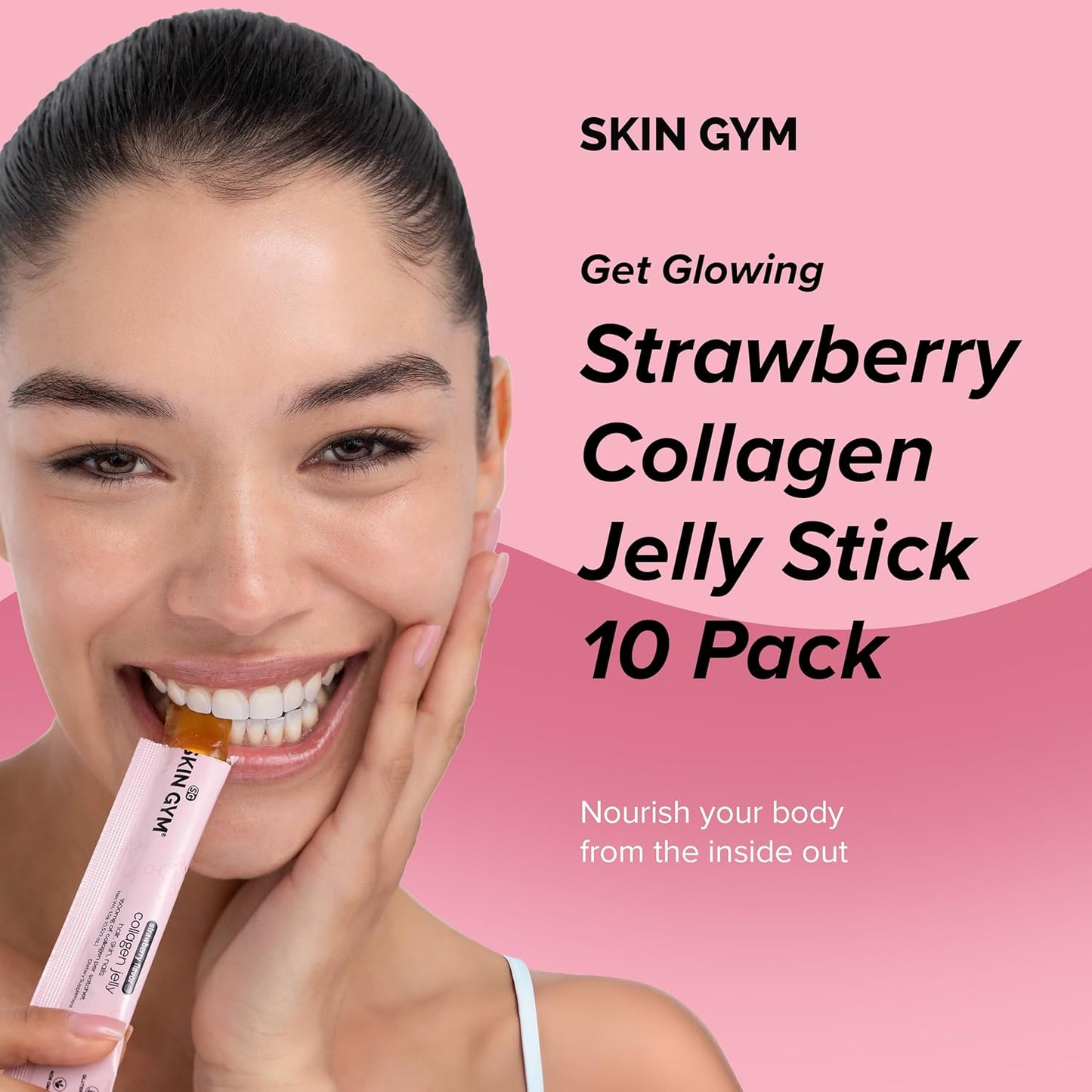 Marine Collagen & Vitamin C Skin Gym Jelly 10-Pack - Daily Beauty Supplement for Hair, Skin, and Nails with Hyaluronic Acid & Strawberry Flavor