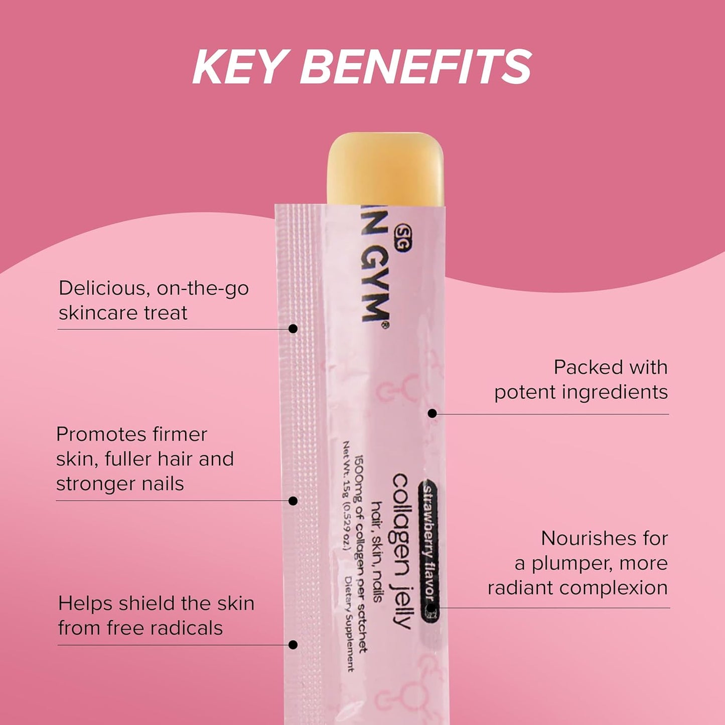 Marine Collagen & Vitamin C Skin Gym Jelly 10-Pack - Daily Beauty Supplement for Hair, Skin, and Nails with Hyaluronic Acid & Strawberry Flavor