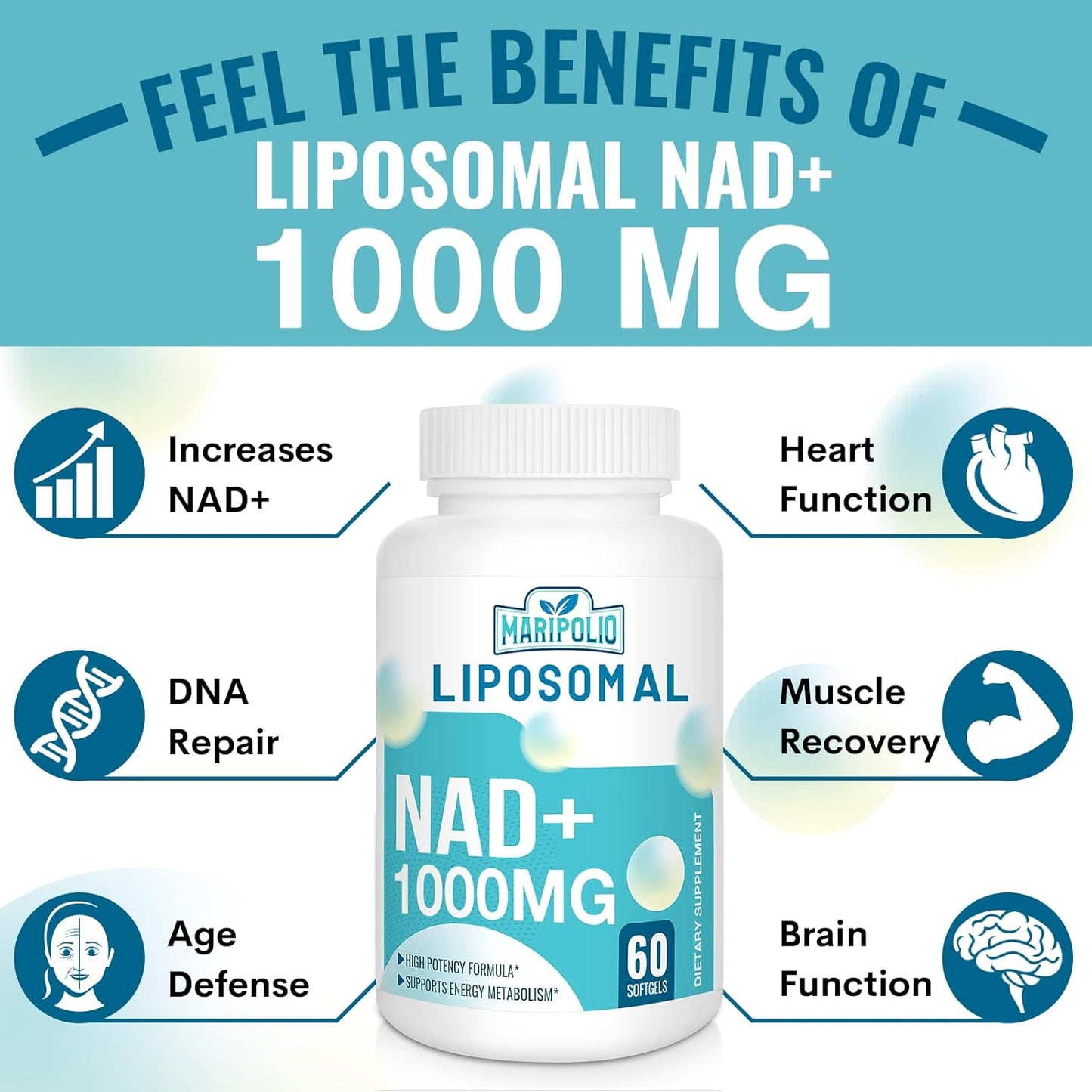 Maripolio Liposomal NAD+ Supplement 1000 mg Softgels | High NAD Potency for Energy, DNA Repair, Brain Function | Maximum Absorption | Anti-Aging Defense | 60 Count