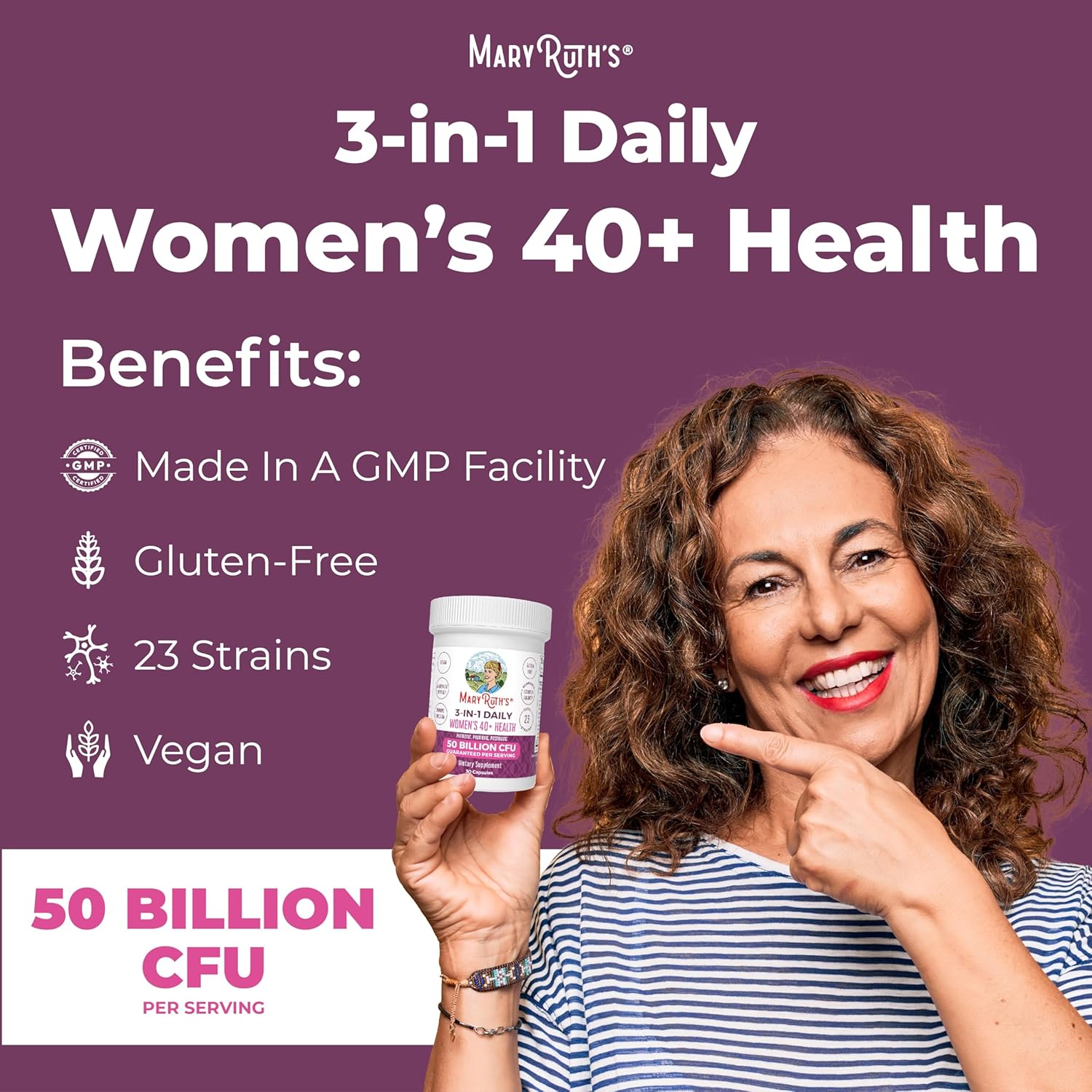 MaryRuth Organics 40+ Women's Probiotic Supplement | 3-in-1 Daily Health | Estrogen Support | 50 Billion CFU | Clinically Tested | Allergen-Free | 30 Count