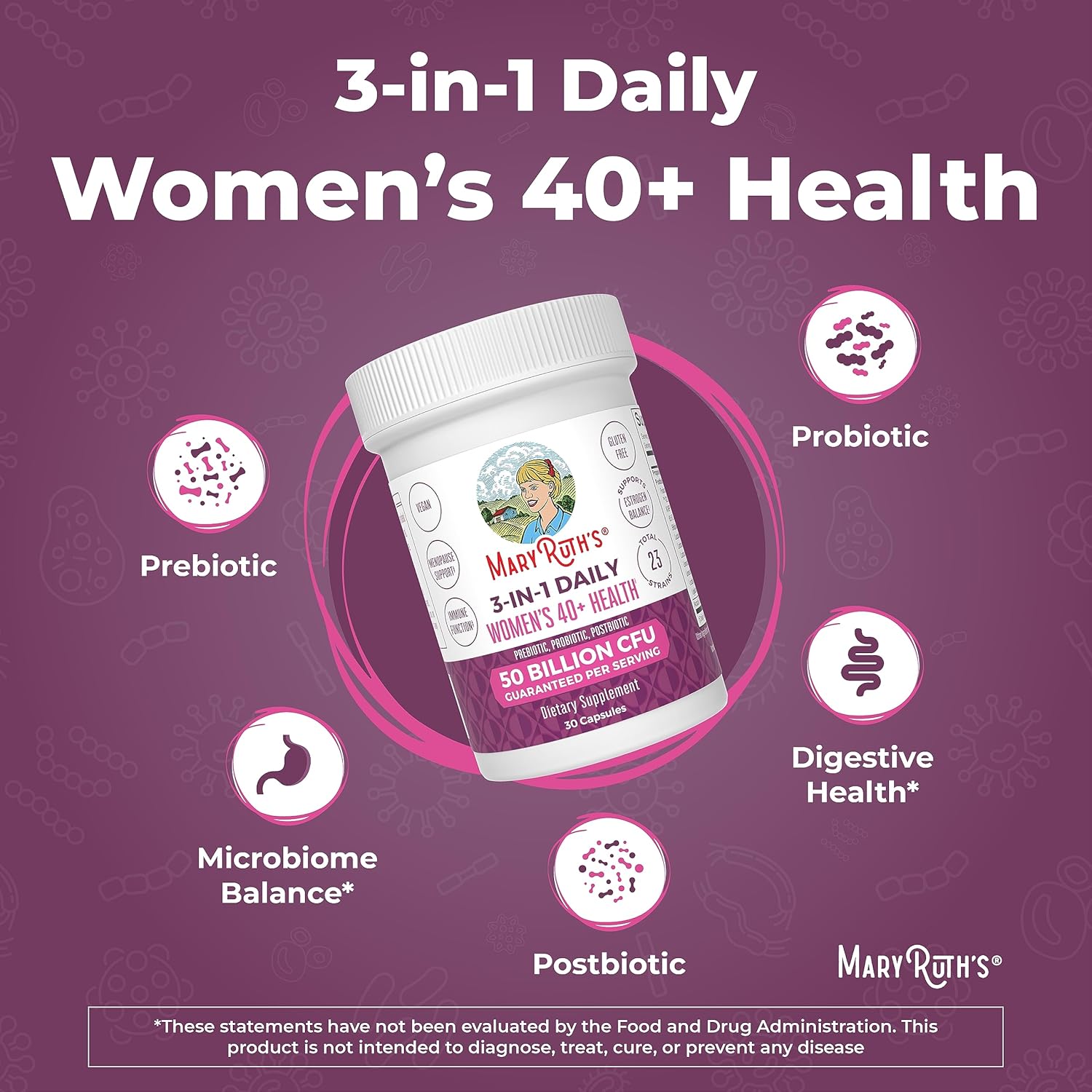 MaryRuth Organics 40+ Women's Probiotic Supplement | 3-in-1 Daily Health | Estrogen Support | 50 Billion CFU | Clinically Tested | Allergen-Free | 30 Count