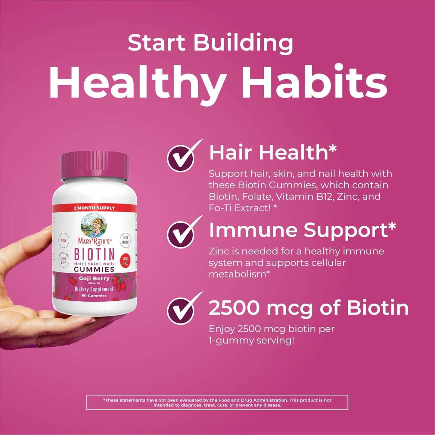 MaryRuth Organics Biotin Gummies - Vegan & Sugar Free Hair Growth Supplement, 2,500 mcg Biotin, 60 Count Nails, Skin, Vitamins