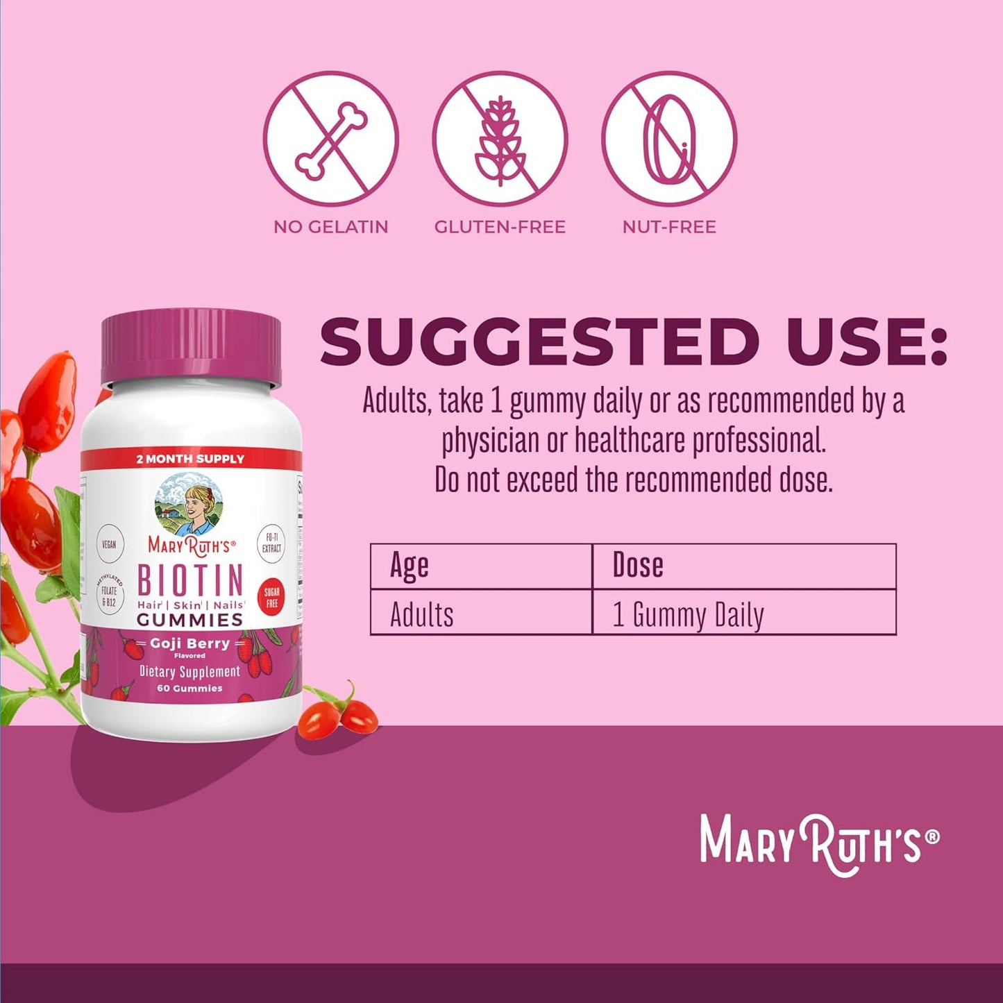 MaryRuth Organics Biotin Gummies - Vegan & Sugar Free Hair Growth Supplement, 2,500 mcg Biotin, 60 Count Nails, Skin, Vitamins