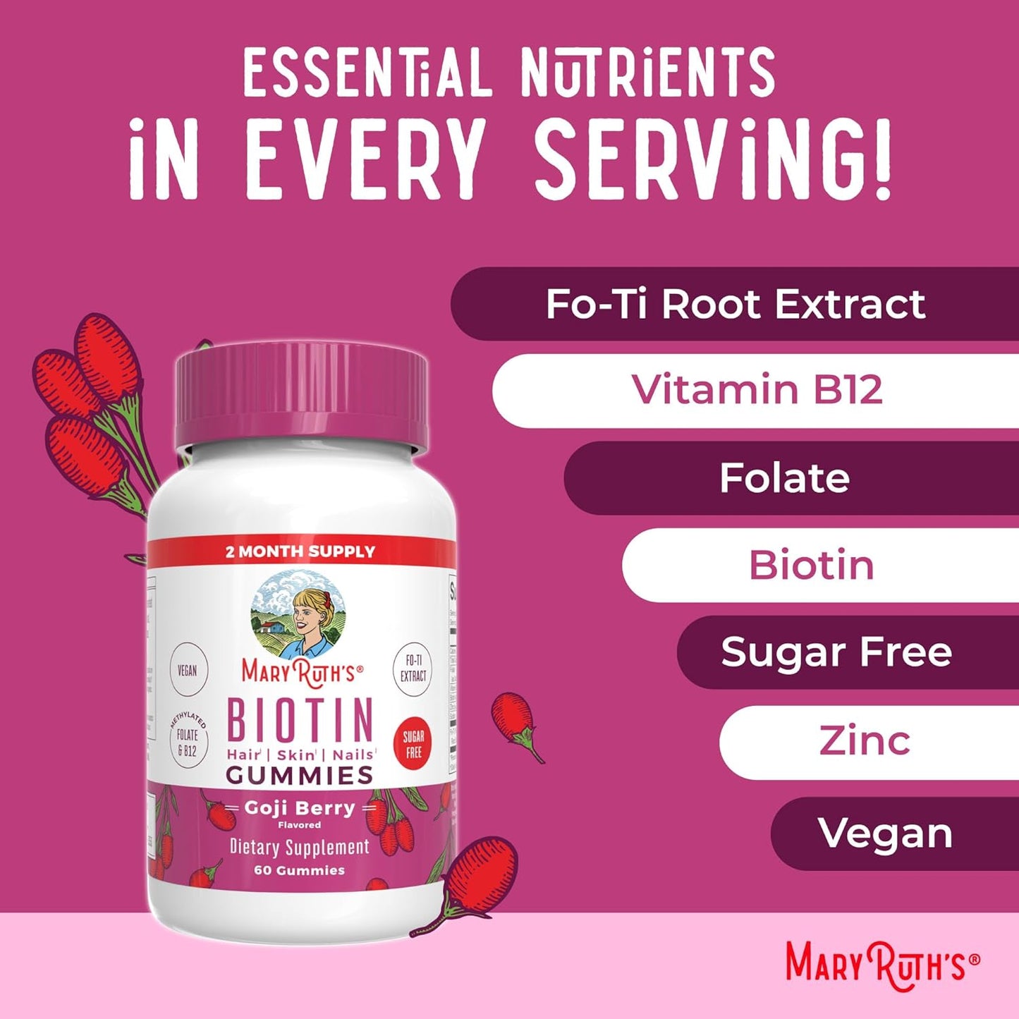 MaryRuth Organics Biotin Gummies - Vegan & Sugar Free Hair Growth Supplement, 2,500 mcg Biotin, 60 Count Nails, Skin, Vitamins