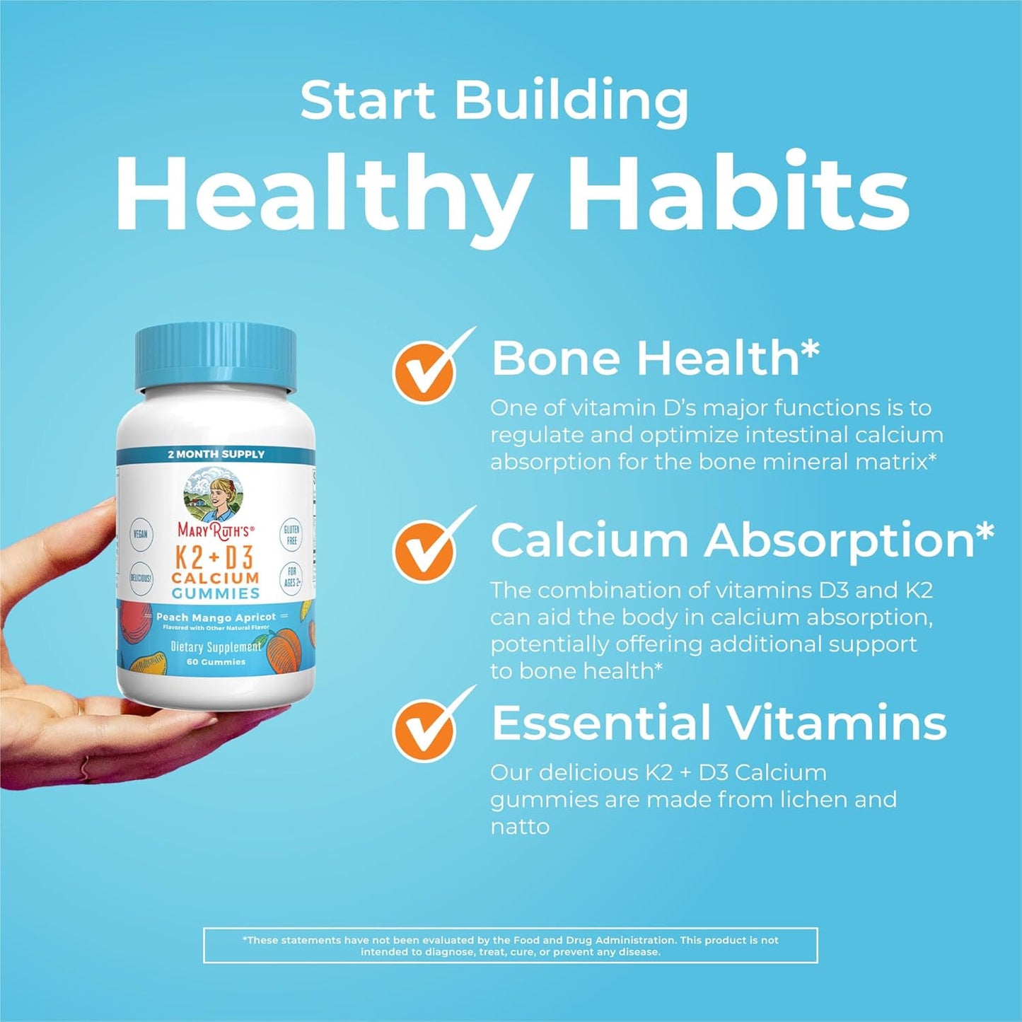 MaryRuth Organics Calcium Gummies with Vitamin D3 & K2 - 2 Month Supply, Supports Bone Health & Joints, Vegan, Non-GMO - 60 Count