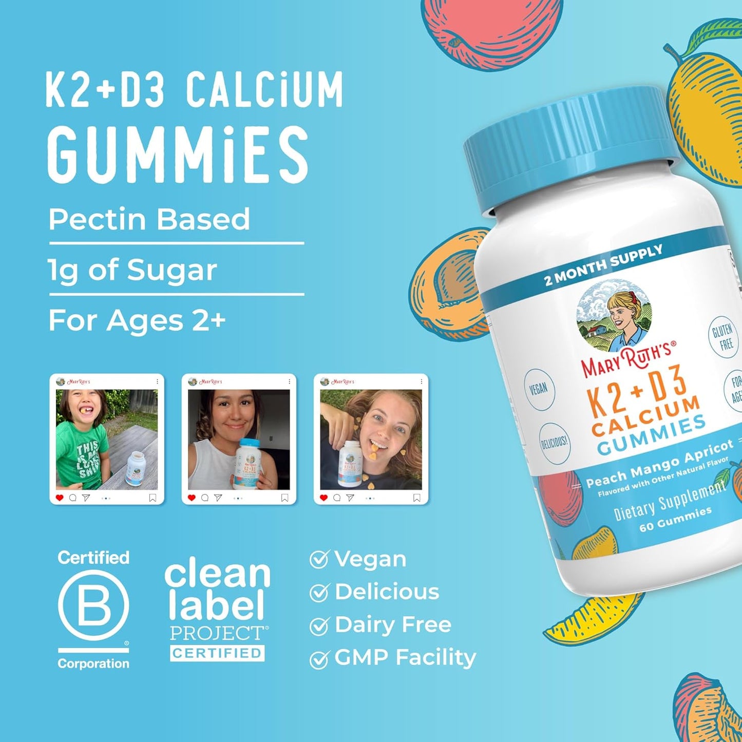 MaryRuth Organics Calcium Gummies with Vitamin D3 & K2 - 2 Month Supply, Supports Bone Health & Joints, Vegan, Non-GMO - 60 Count
