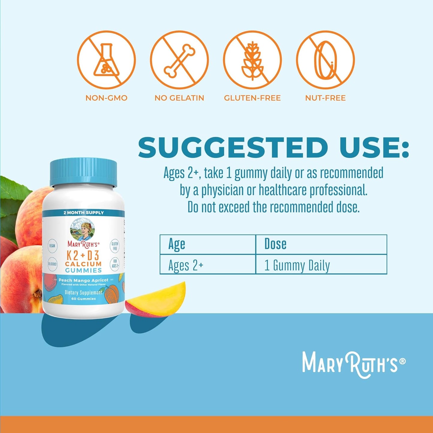 MaryRuth Organics Calcium Gummies with Vitamin D3 & K2 - 2 Month Supply, Supports Bone Health & Joints, Vegan, Non-GMO - 60 Count