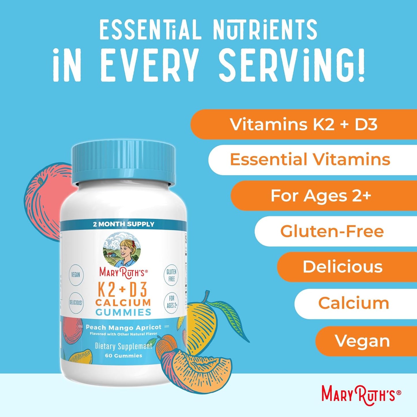 MaryRuth Organics Calcium Gummies with Vitamin D3 & K2 - 2 Month Supply, Supports Bone Health & Joints, Vegan, Non-GMO - 60 Count