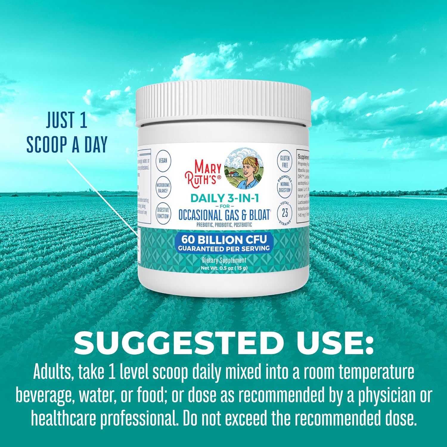 MaryRuth Organics Gas & Bloat Probiotics for Men & Women | 3-in-1 Formula with Prebiotics & Postbiotics | Supports Normal Digestive Function | 60 Billion CFU | Shelf Stable | 0.5 oz