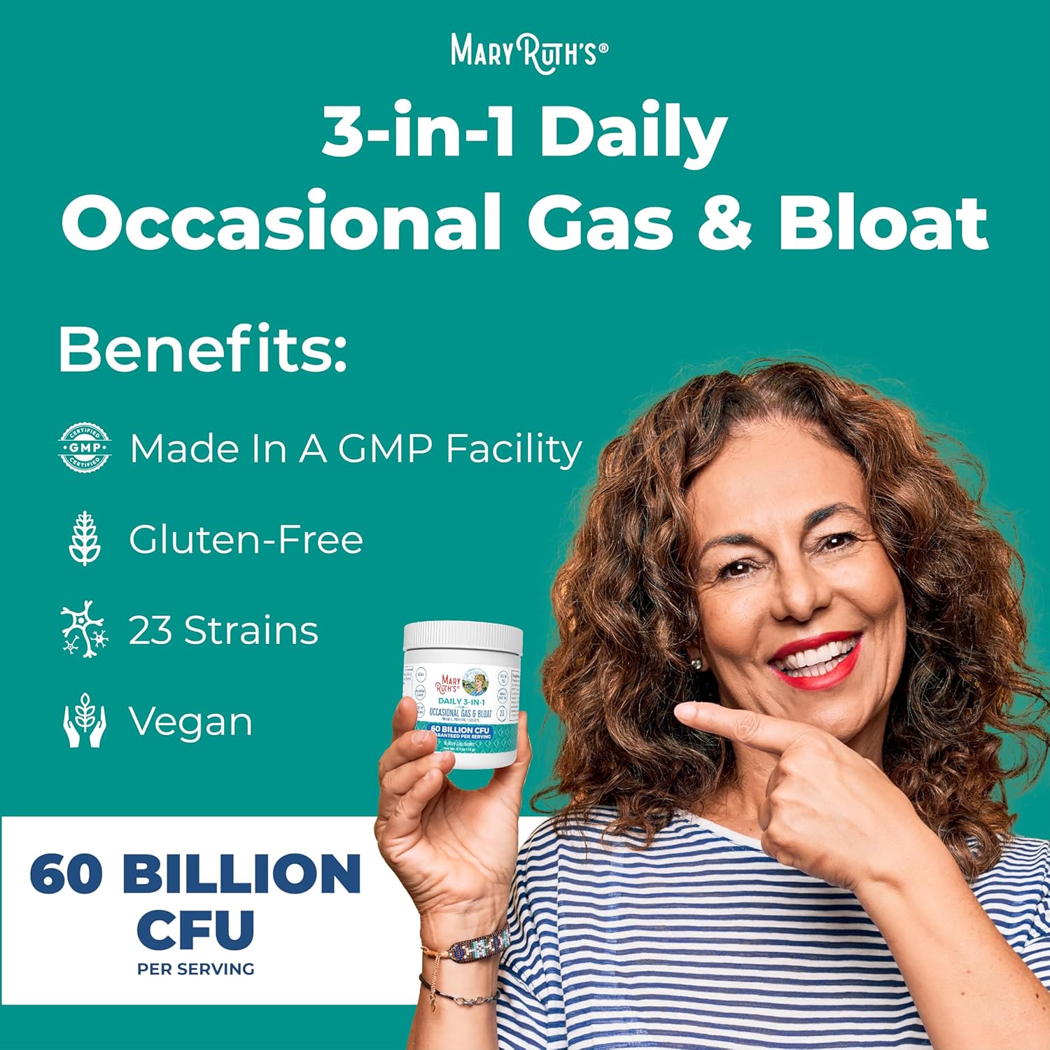 MaryRuth Organics Gas & Bloat Probiotics for Men & Women | 3-in-1 Formula with Prebiotics & Postbiotics | Supports Normal Digestive Function | 60 Billion CFU | Shelf Stable | 0.5 oz