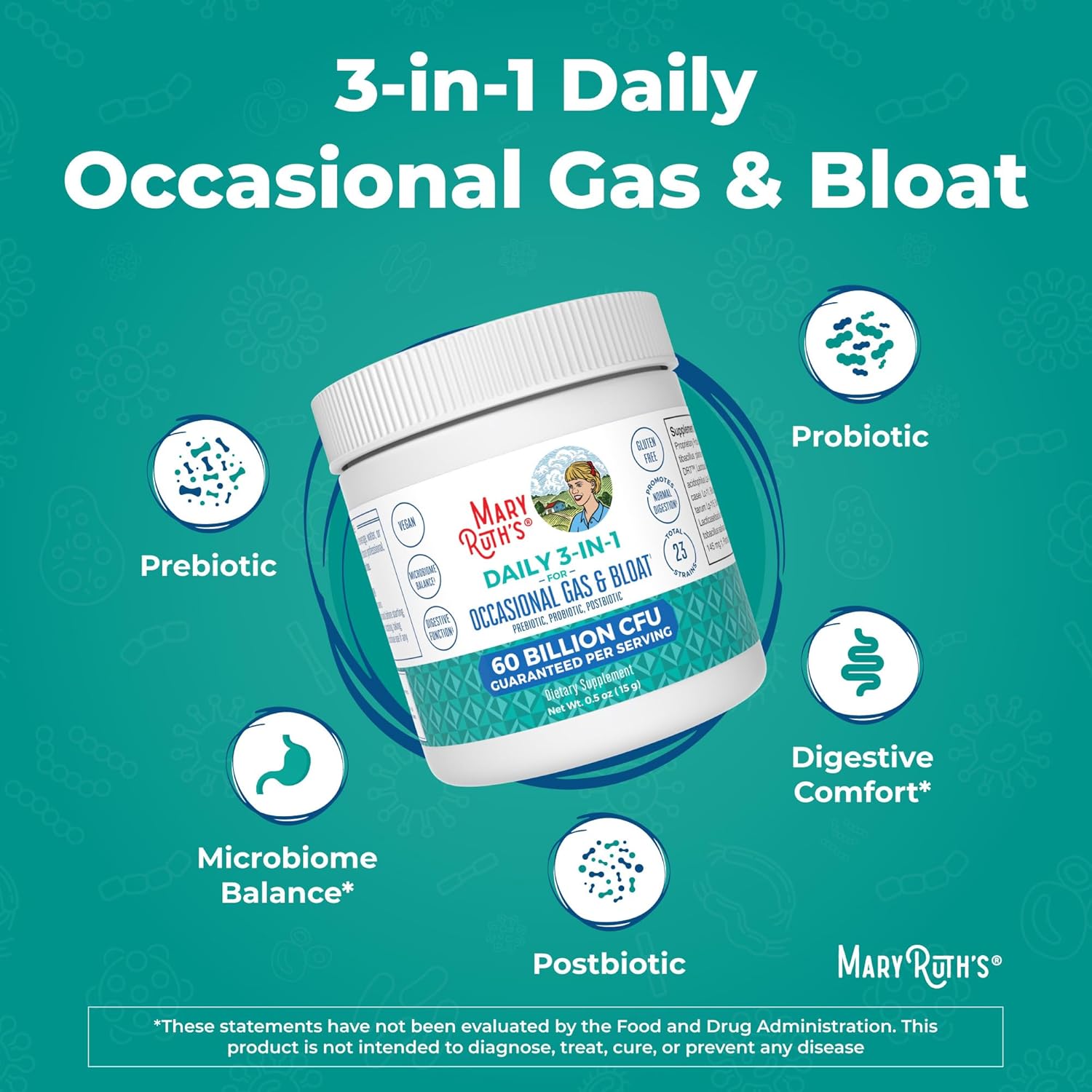 MaryRuth Organics Gas & Bloat Probiotics for Men & Women | 3-in-1 Formula with Prebiotics & Postbiotics | Supports Normal Digestive Function | 60 Billion CFU | Shelf Stable | 0.5 oz