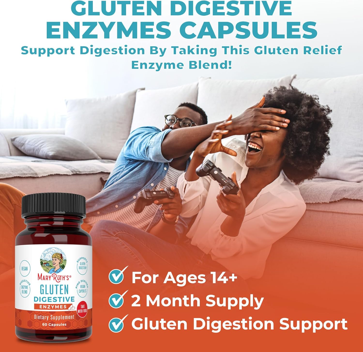 MaryRuth Organics Gluten Enzymes Capsules | 60 Capsules | Vegan Enzyme Supplement for Gut Health & Nutrient Absorption | Gluten Digestion | Gluten-Free | Up to 2 Month Supply
