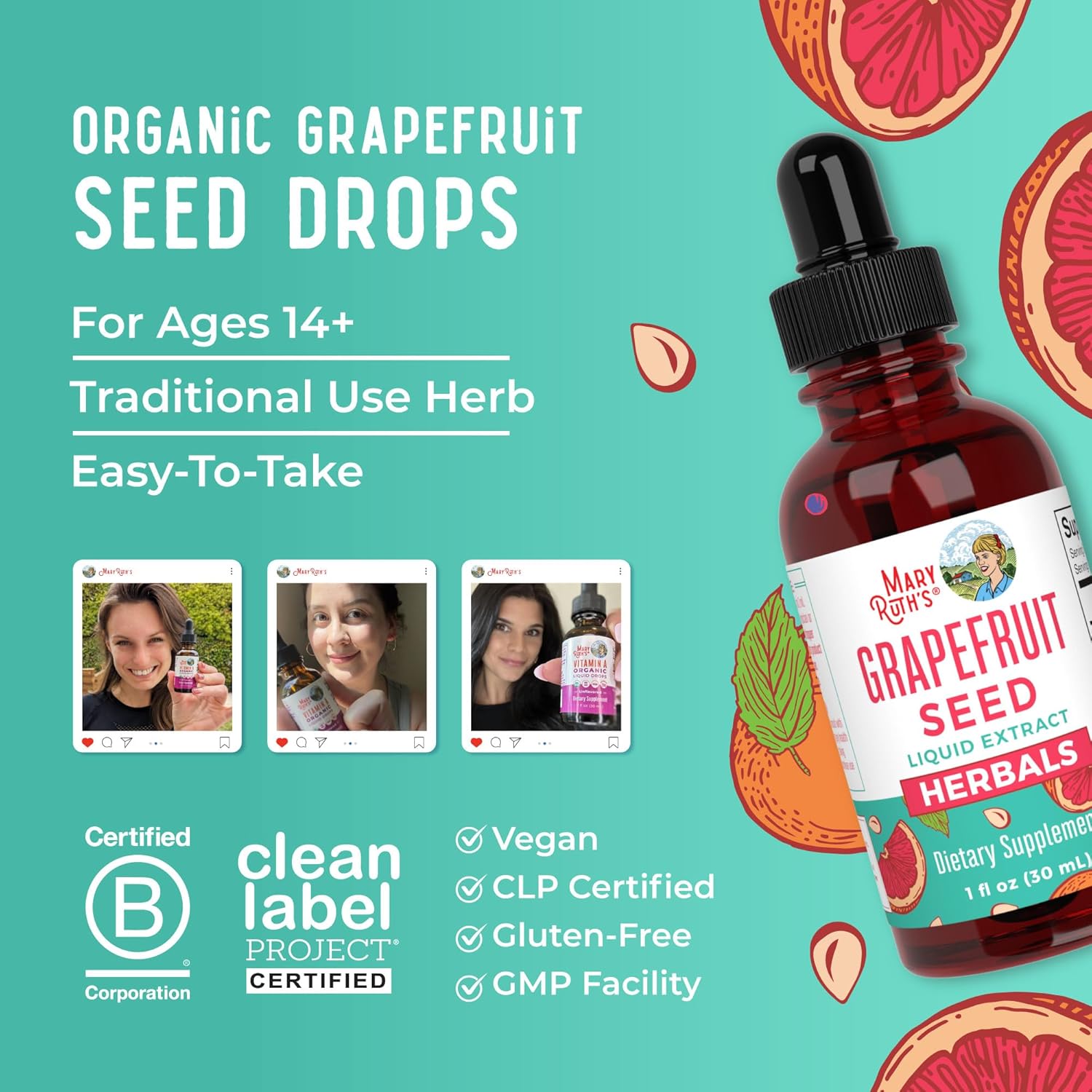 MaryRuth Organics Grapefruit Seed Extract Drops - Herbal Tincture Liquid, Sugar Free, Gluten Free, Vegan - 1 Fl Oz