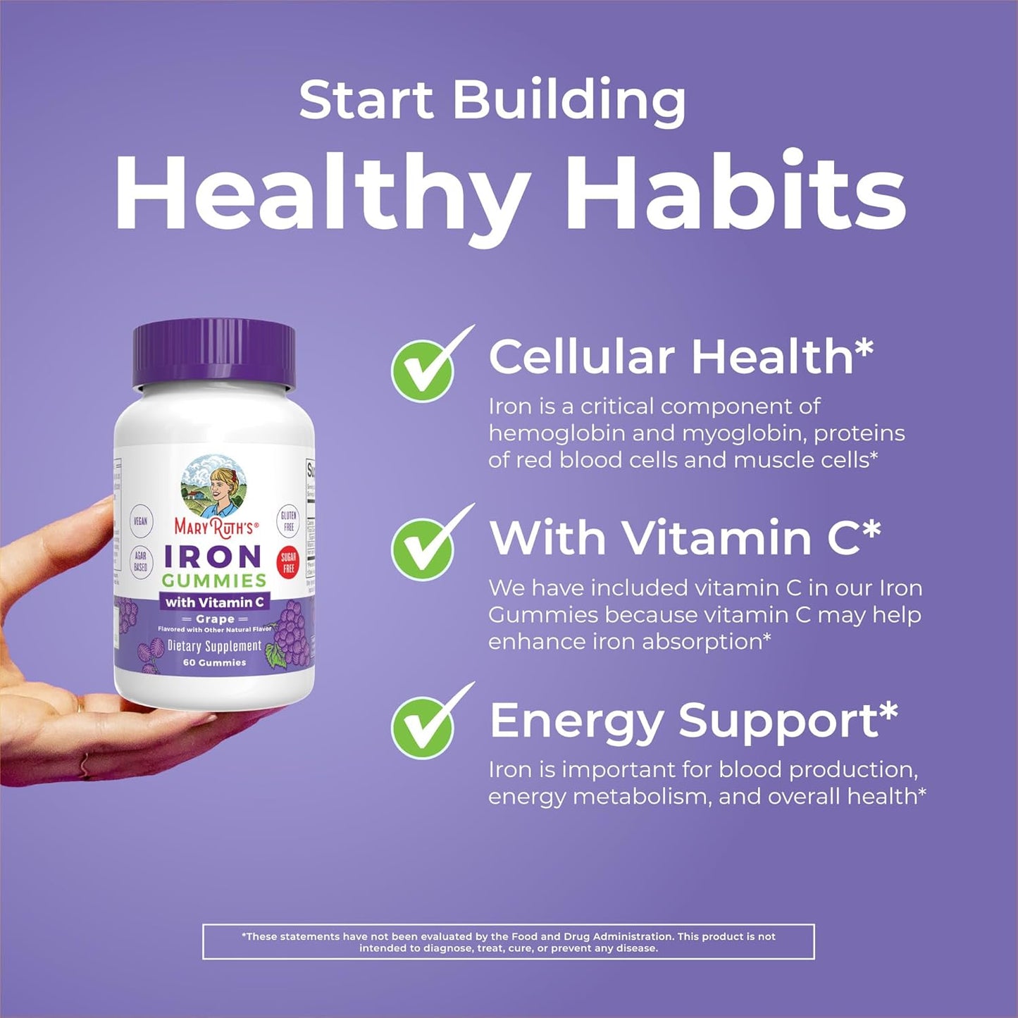 MaryRuth Organics Iron Gummy Supplements for Adults - 60 Count | Vegan Iron Supplement with Vitamin C for Immune Support | Sugar-Free Iron Deficiency Solution