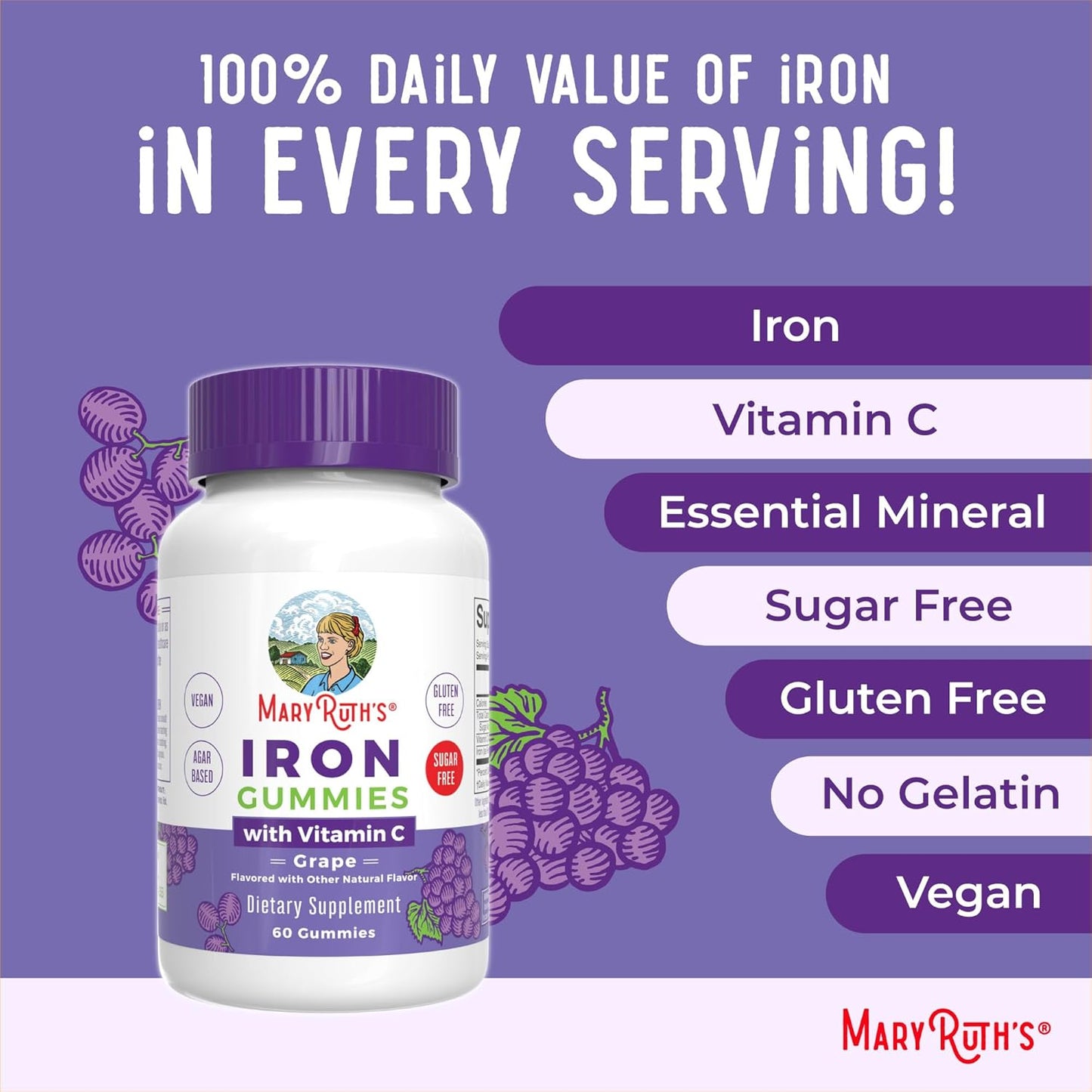 MaryRuth Organics Iron Gummy Supplements for Adults - 60 Count | Vegan Iron Supplement with Vitamin C for Immune Support | Sugar-Free Iron Deficiency Solution