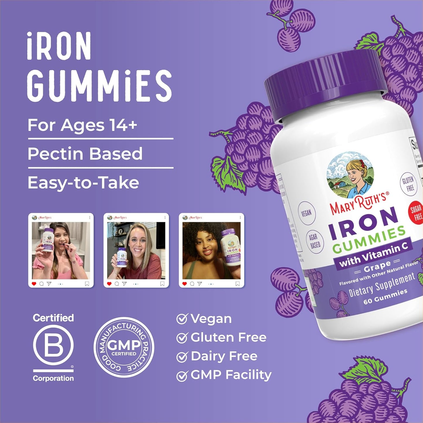 MaryRuth Organics Iron Gummy Supplements for Adults - 60 Count | Vegan Iron Supplement with Vitamin C for Immune Support | Sugar-Free Iron Deficiency Solution