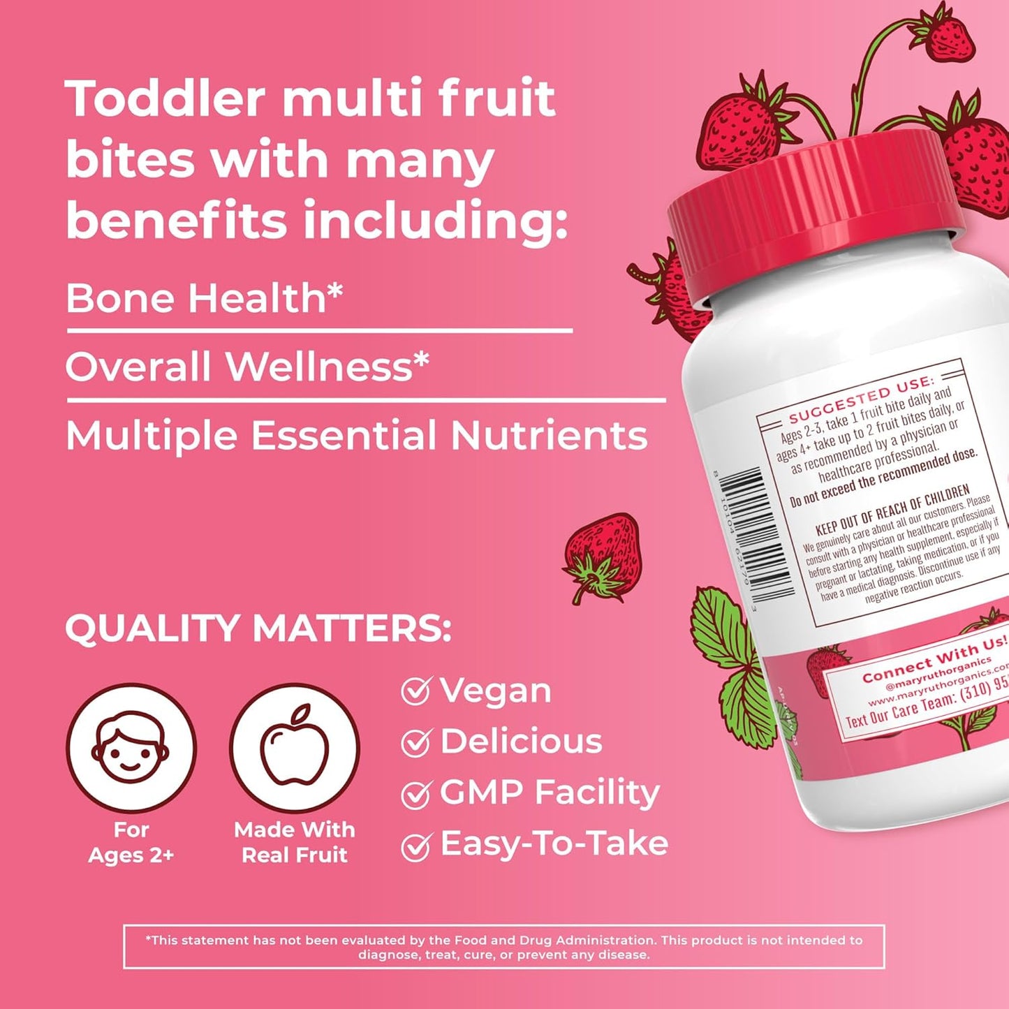 MaryRuth Organics Kids Multivitamin Fruit Bites for Ages 1+, Immune Support Supplement with Vitamin D & C, Vegan, 30 Servings