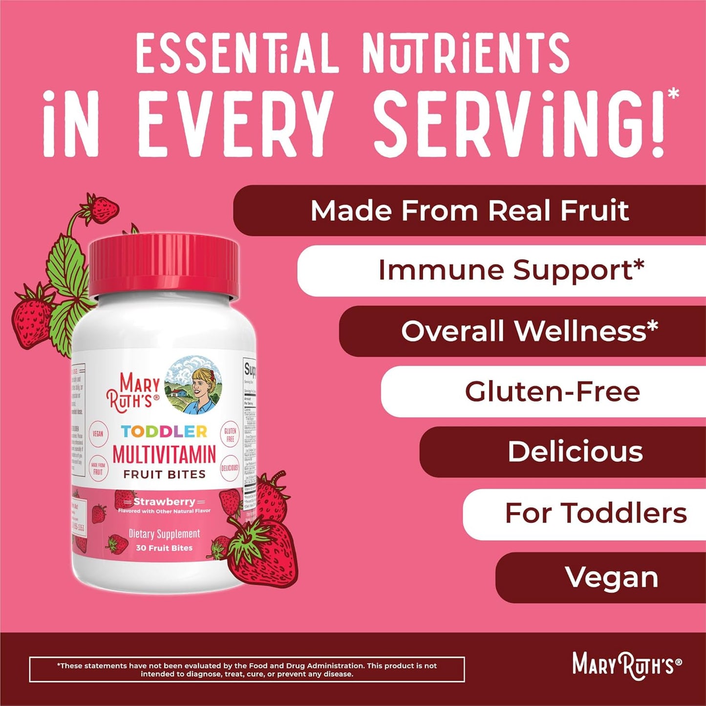 MaryRuth Organics Kids Multivitamin Fruit Bites for Ages 1+, Immune Support Supplement with Vitamin D & C, Vegan, 30 Servings