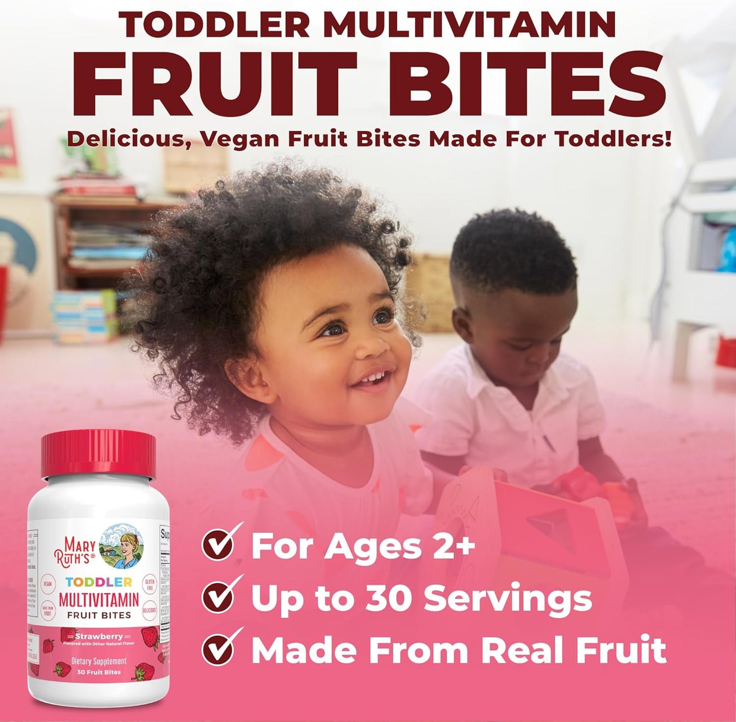 MaryRuth Organics Kids Multivitamin Fruit Bites for Ages 1+, Immune Support Supplement with Vitamin D & C, Vegan, 30 Servings