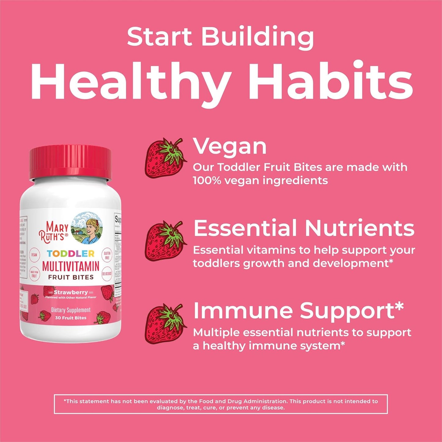 MaryRuth Organics Kids Multivitamin Fruit Bites for Ages 1+, Immune Support Supplement with Vitamin D & C, Vegan, 30 Servings