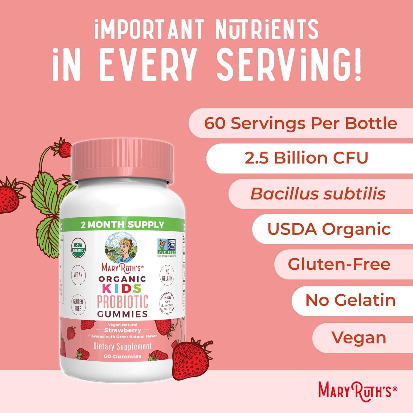 MaryRuth Organics Kids Multivitamin & Probiotic Gummies (Strawberry) | Clean Label Project Verified® | Vitamins for Gut Health, Immunity, Wellness | Vegan, Non-GMO, Gluten Free