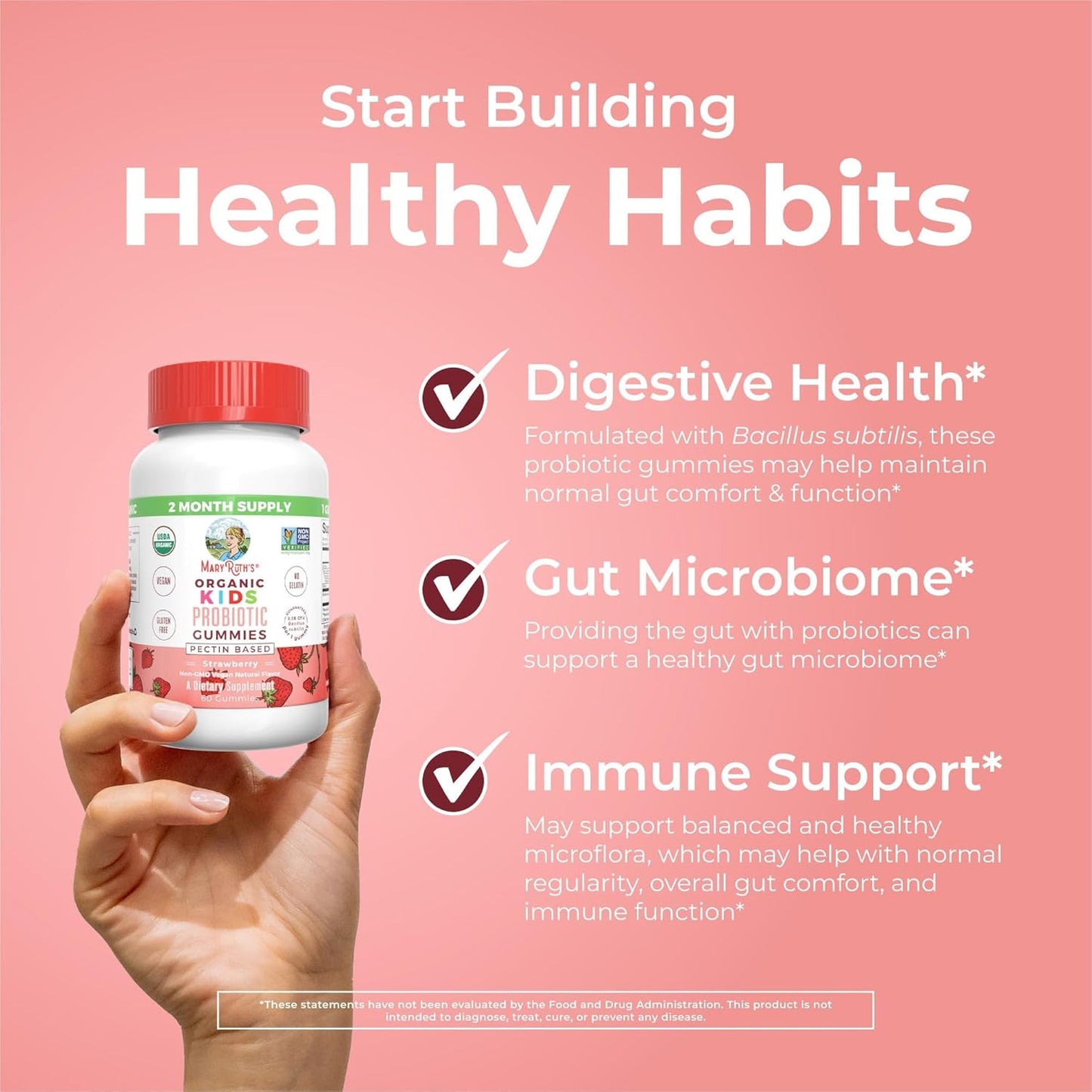MaryRuth Organics Kids Multivitamin & Probiotic Gummies (Strawberry) | Clean Label Project Verified® | Vitamins for Gut Health, Immunity, Wellness | Vegan, Non-GMO, Gluten Free