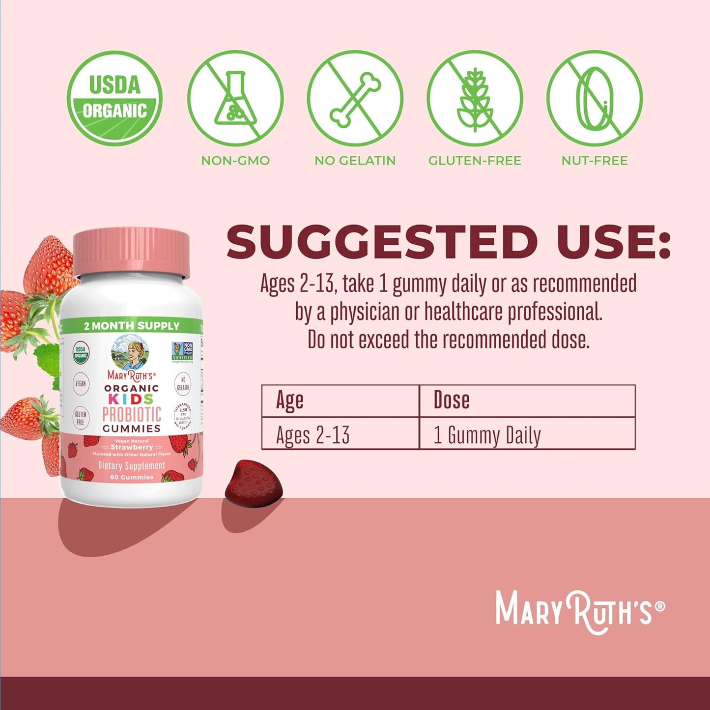 MaryRuth Organics Kids Multivitamin & Probiotic Gummies (Strawberry) | Clean Label Project Verified® | Vitamins for Gut Health, Immunity, Wellness | Vegan, Non-GMO, Gluten Free