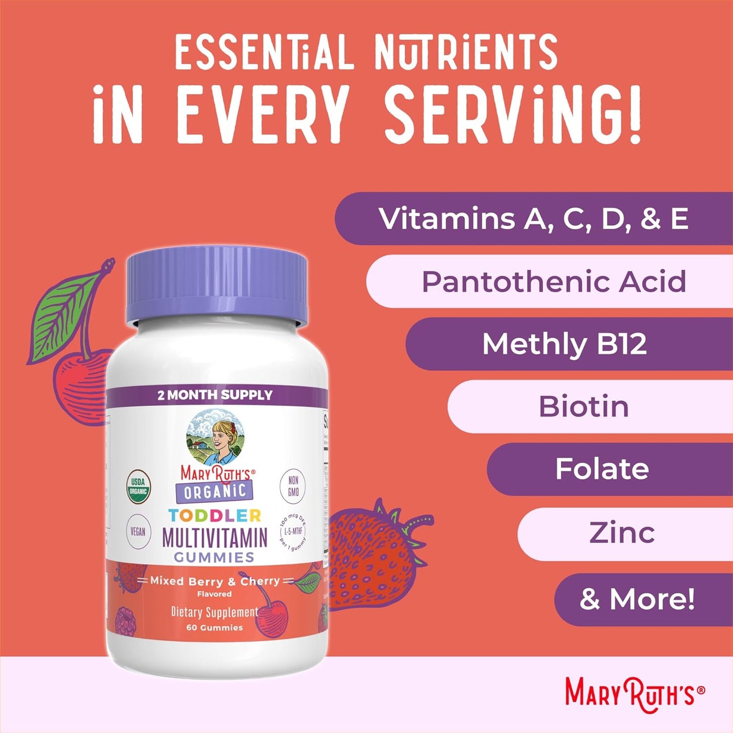 MaryRuth Organics Kids' USDA Vitamin Gummy with C, D3, and Zinc - Mixed Berry & Cherry Flavor - 2 Month Supply