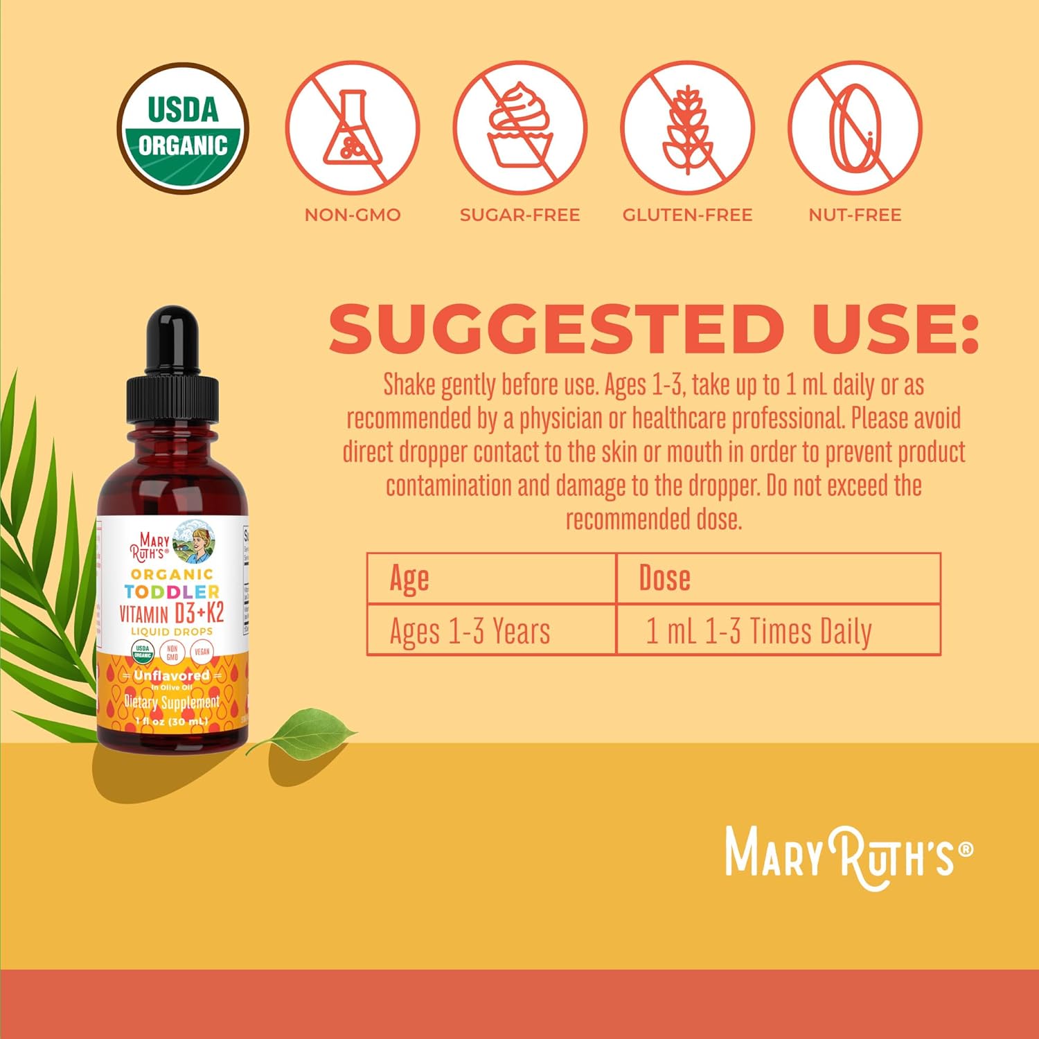 MaryRuth Organics Kids Vitamin D3 K2 Liquid Supplement for Strong Bones - Vegan & Gluten-Free - 1 Fl Oz