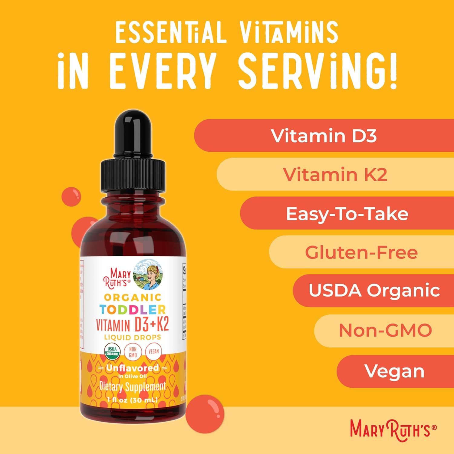 MaryRuth Organics Kids Vitamin D3 K2 Liquid Supplement for Strong Bones - Vegan & Gluten-Free - 1 Fl Oz