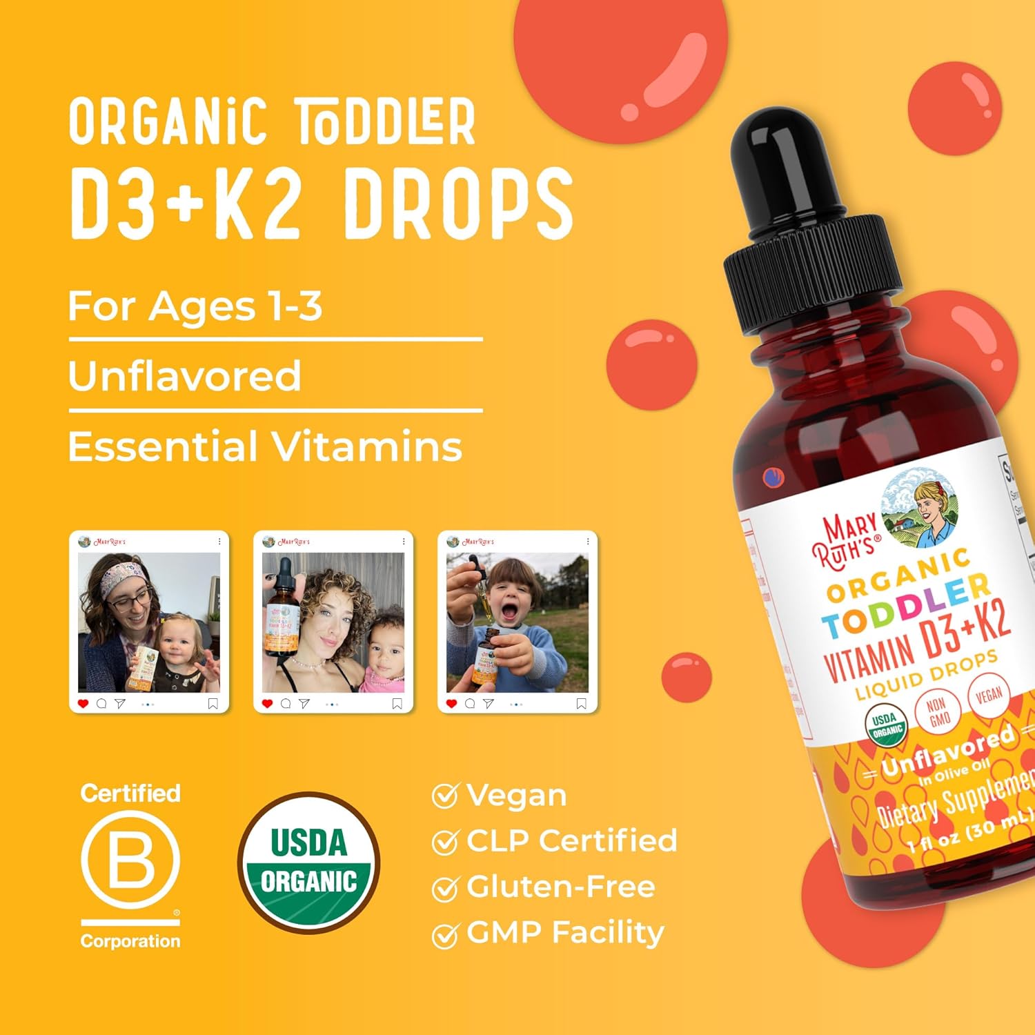 MaryRuth Organics Kids Vitamin D3 K2 Liquid Supplement for Strong Bones - Vegan & Gluten-Free - 1 Fl Oz