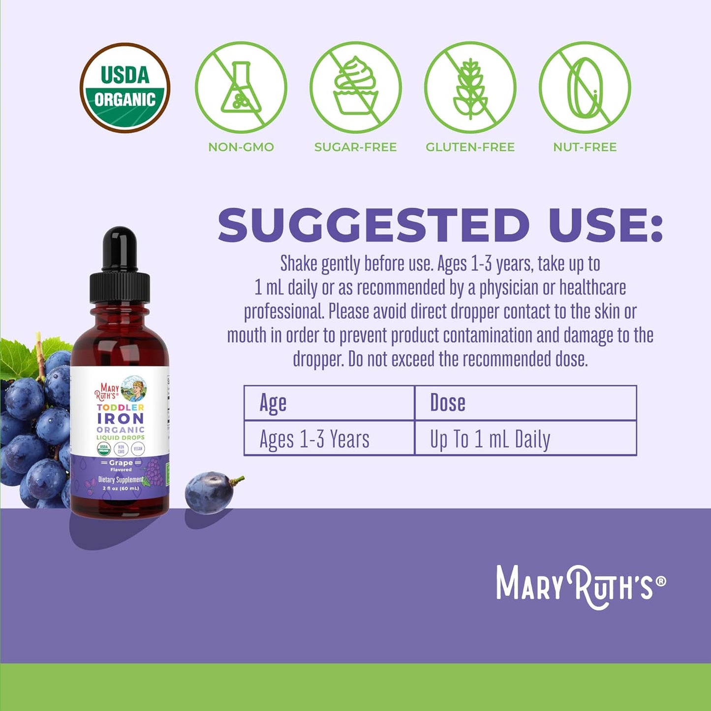 MaryRuth Organics Liquid Iron Supplement for Toddlers Ages 1-3 | Ferrochel | Iron Deficiency Support | Vegan & Gluten Free | 2 Fl Oz