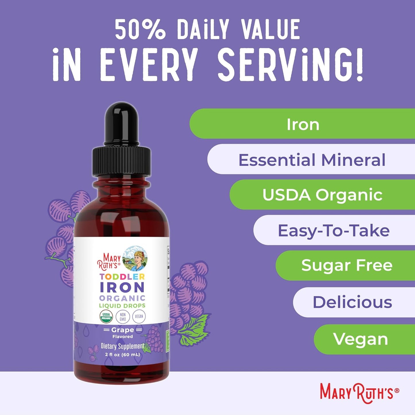 MaryRuth Organics Liquid Iron Supplement for Toddlers Ages 1-3 | Ferrochel | Iron Deficiency Support | Vegan & Gluten Free | 2 Fl Oz