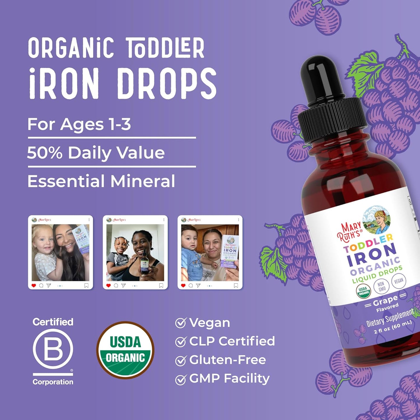 MaryRuth Organics Liquid Iron Supplement for Toddlers Ages 1-3 | Ferrochel | Iron Deficiency Support | Vegan & Gluten Free | 2 Fl Oz