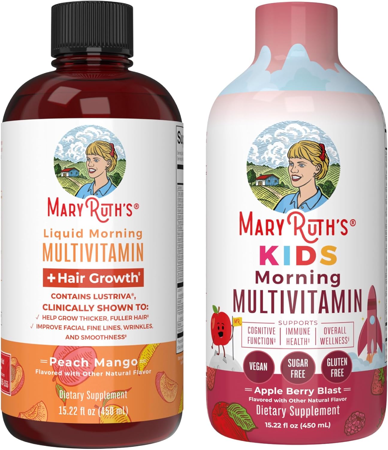 MaryRuth Organics Liquid Morning Multivitamins for Kids & Hair Growth (Apple Berry & Peach Mango) | Clean Label Project Verified® | Vegan Vitamins for Hair, Skin, Overall Wellness
