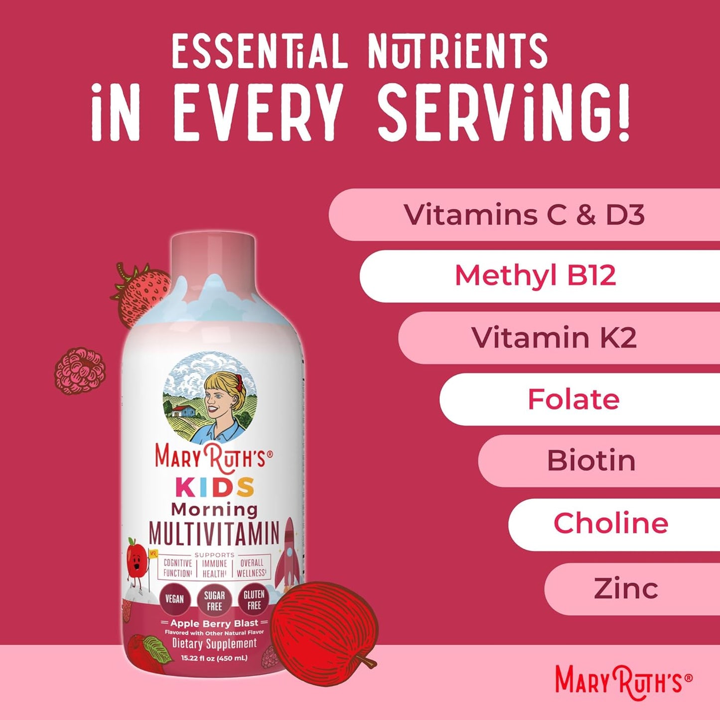 MaryRuth Organics Liquid Morning Multivitamins for Kids & Hair Growth (Apple Berry & Peach Mango) | Clean Label Project Verified® | Vegan Vitamins for Hair, Skin, Overall Wellness