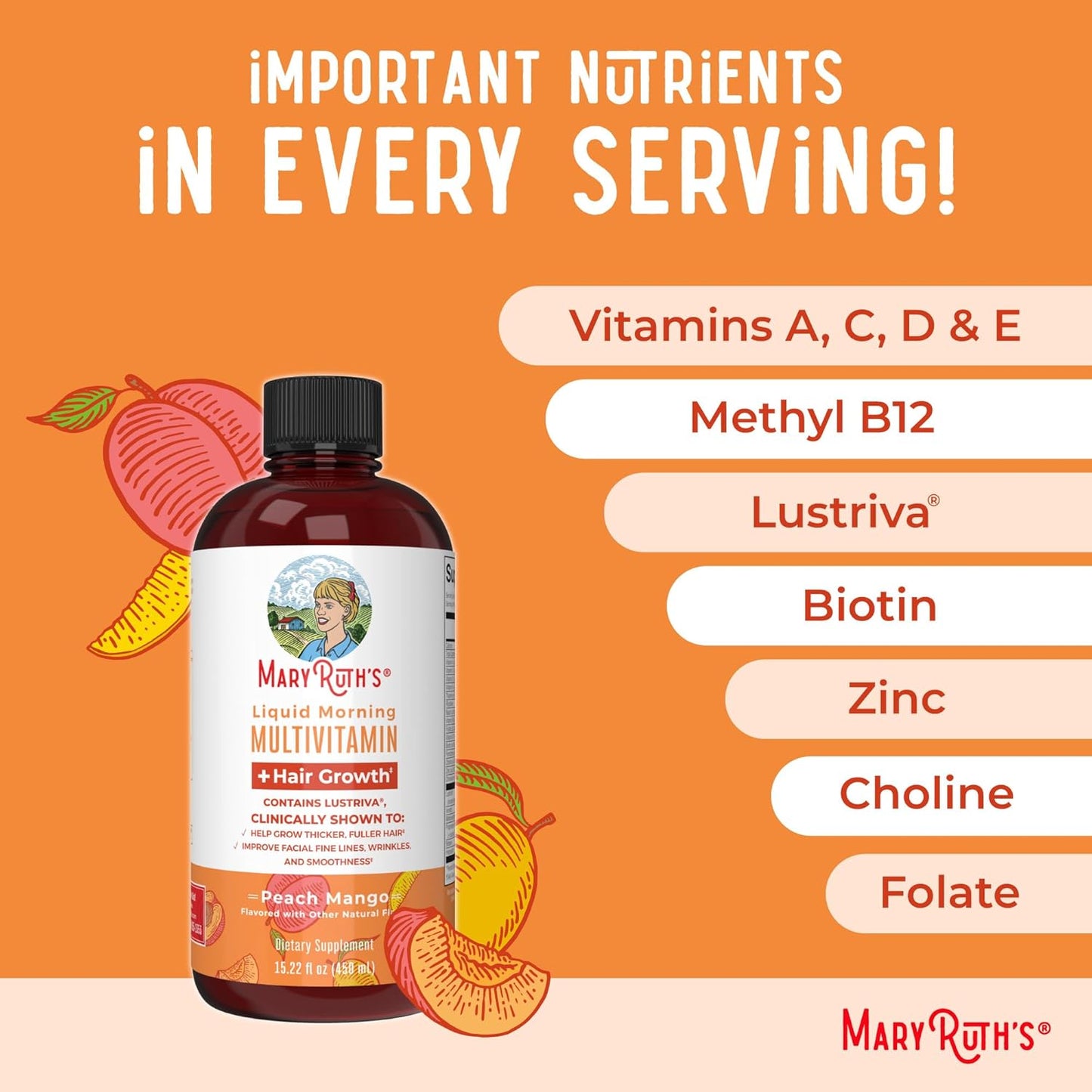 MaryRuth Organics Liquid Morning Multivitamins for Kids & Hair Growth (Apple Berry & Peach Mango) | Clean Label Project Verified® | Vegan Vitamins for Hair, Skin, Overall Wellness