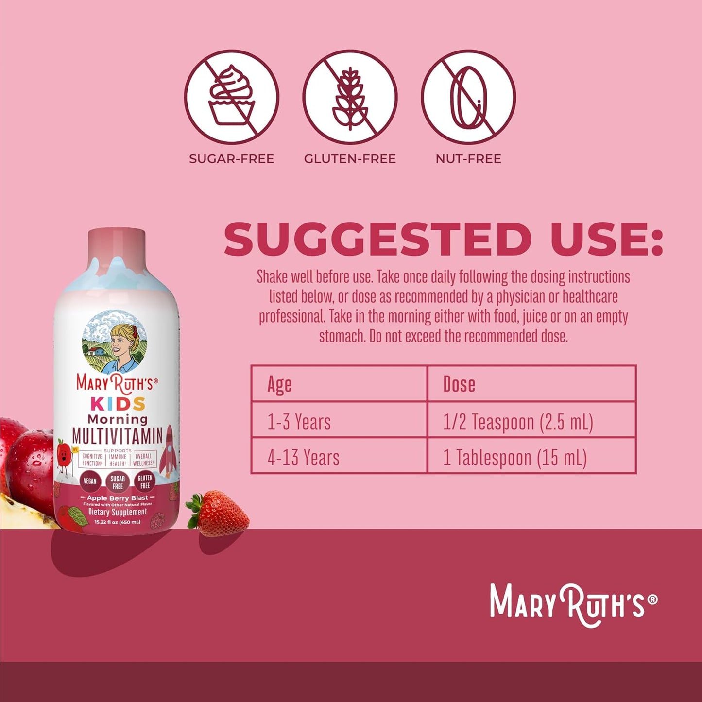 MaryRuth Organics Liquid Morning Multivitamins for Kids & Hair Growth (Apple Berry & Peach Mango) | Clean Label Project Verified® | Vegan Vitamins for Hair, Skin, Overall Wellness