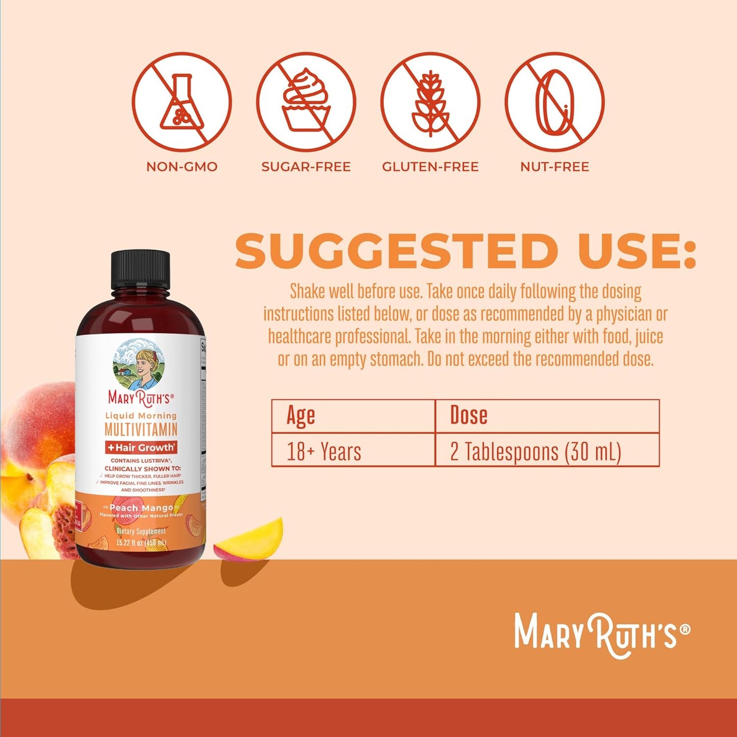 MaryRuth Organics Liquid Morning Multivitamins for Kids & Hair Growth (Apple Berry & Peach Mango) | Clean Label Project Verified® | Vegan Vitamins for Hair, Skin, Overall Wellness