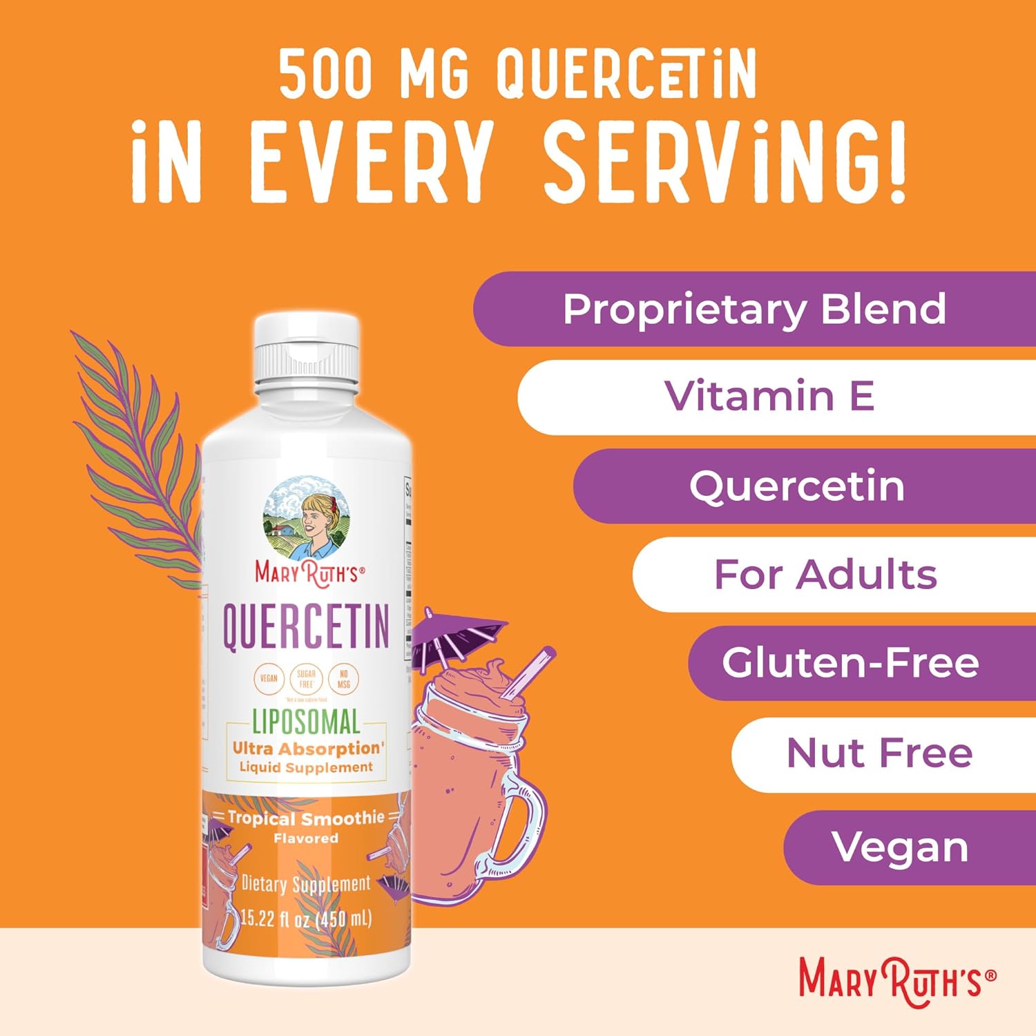 MaryRuth Organics Liquid Quercetin 500mg for Immune Support | Sugar-Free Inflammation Supplement | Vegan Non-GMO Gluten-Free | 15.22 Fl Oz Bottle