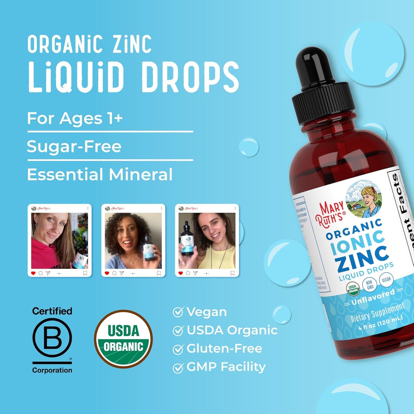 MaryRuth Organics Liquid Zinc Supplement for Immune Support - 4 oz Bottle, Vegan & Gluten Free, Skin Care Formula - 40 Day Supply for Kids & Adults