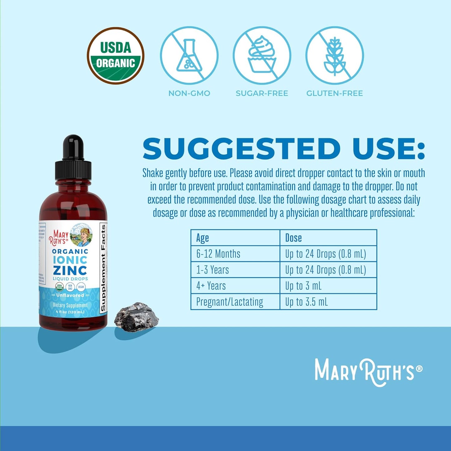 MaryRuth Organics Liquid Zinc Supplement for Immune Support - 4 oz Bottle, Vegan & Gluten Free, Skin Care Formula - 40 Day Supply for Kids & Adults