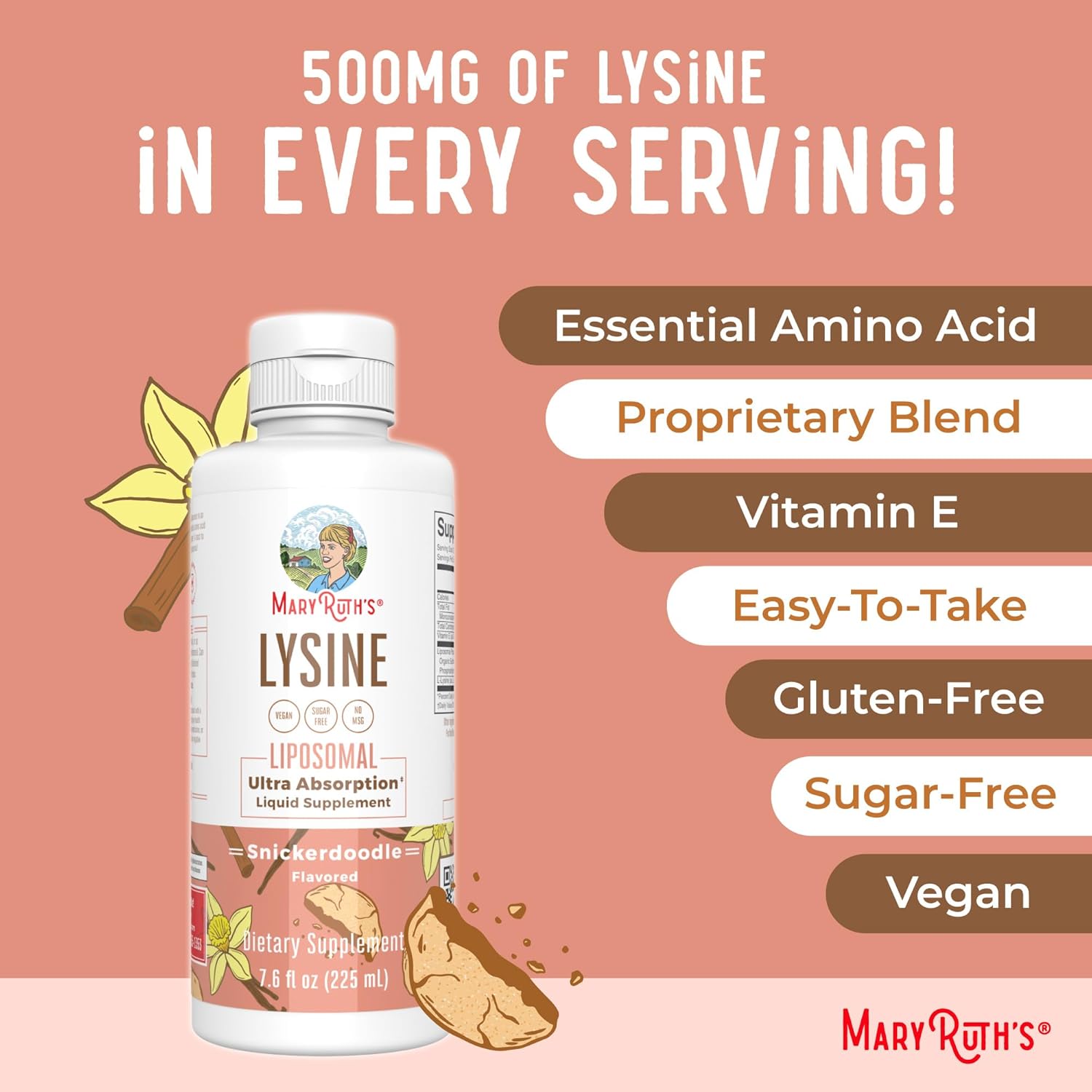 MaryRuth Organics Lysine Liposomal & Multivitamin Liquid (Snickerdoodle) for Immune Support, Hair Growth, and Overall Health - Vegan, Non-GMO, Gluten Free - Clean Label Project Verified